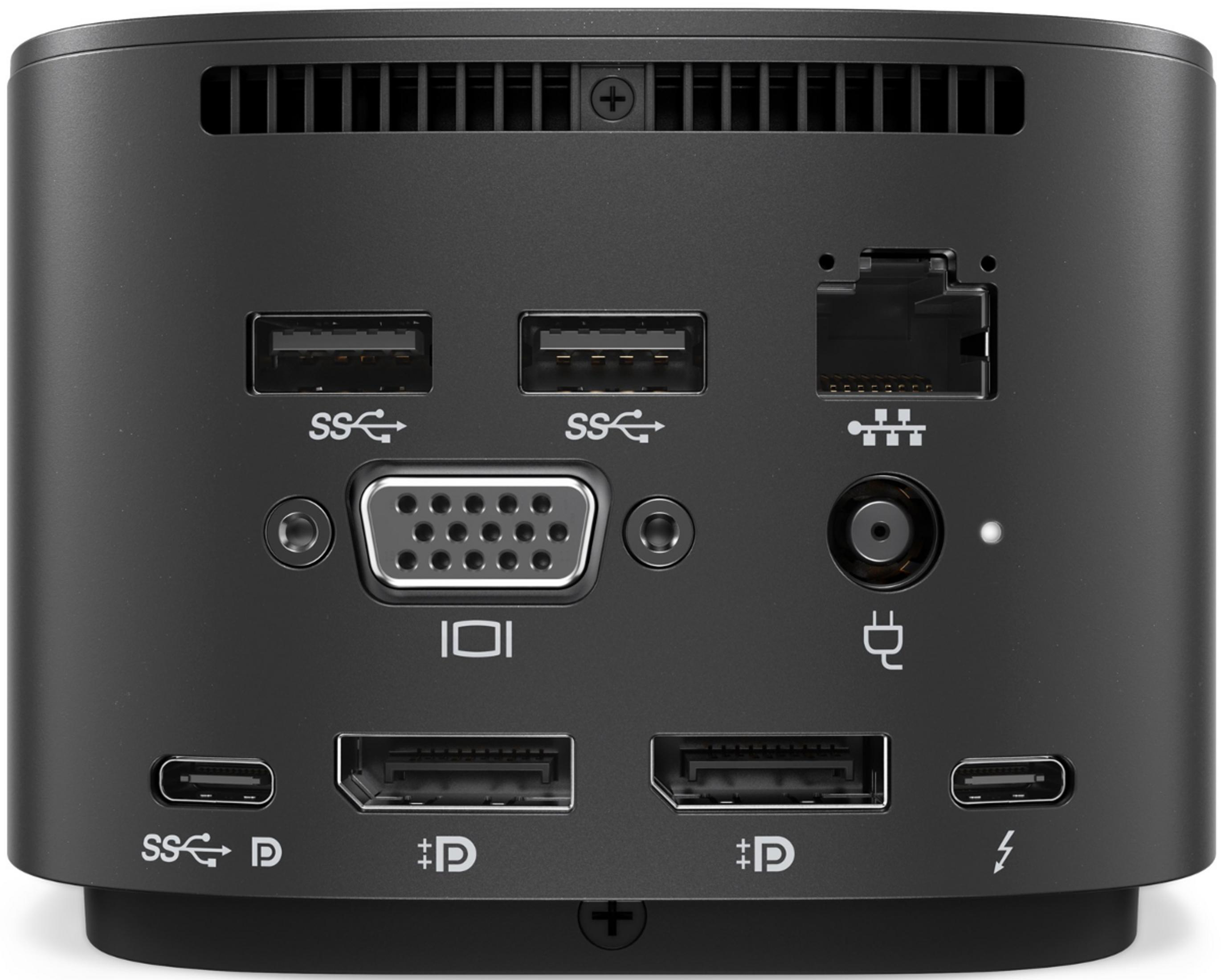Rückseite eines schwarzen Dockingstations mit Anschlüssen: USB, VGA, HDMI, Ethernet, Strom.