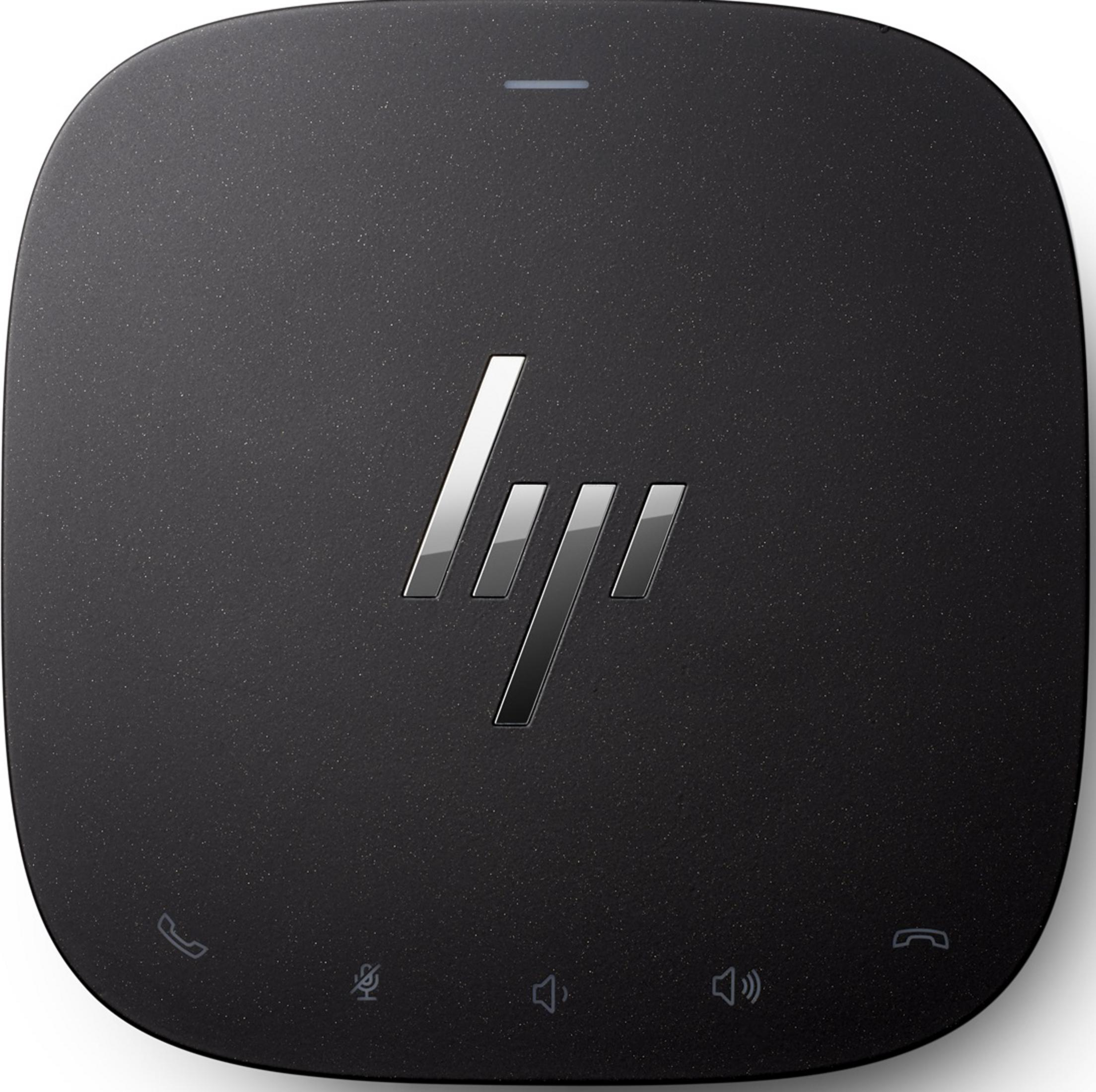 Ein schwarzes HP-Logo auf einem dunklen, texturierten Gerät mit Symbolen.