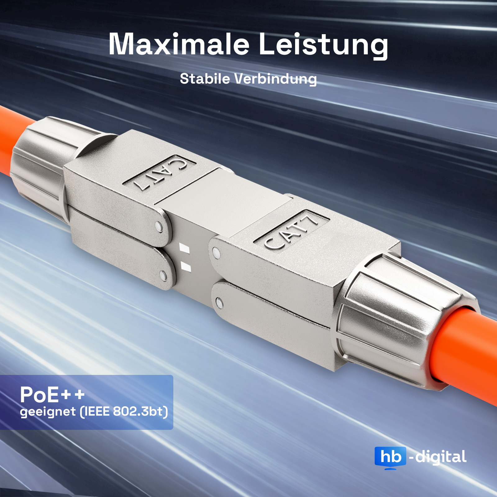 Ein silberner CAT7 Netzwerkstecker mit orangefarbenem Kabel, PoE++ fähig.
