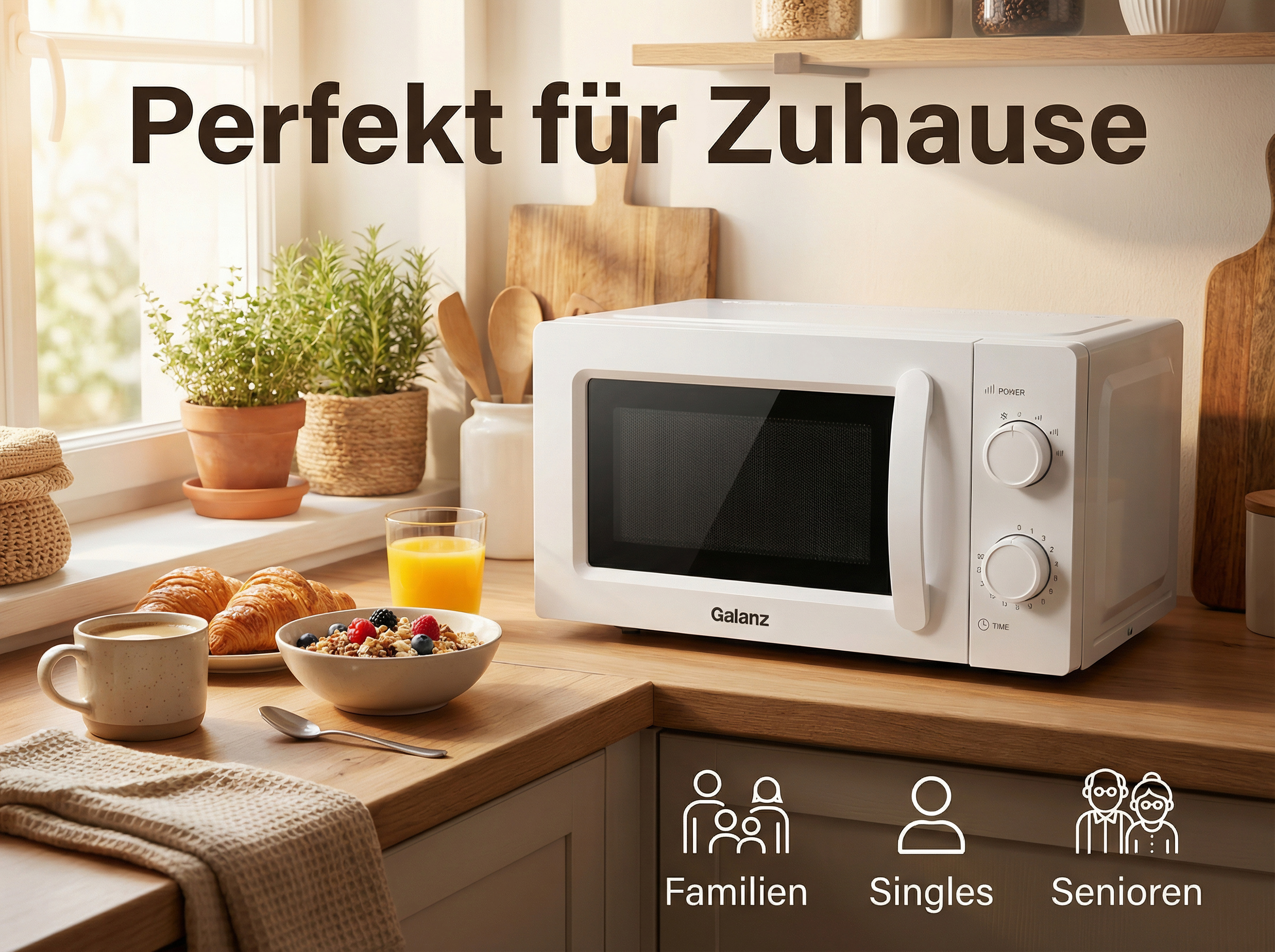 Weiße Mikrowelle mit Frühstück auf einer Holzoberfläche.