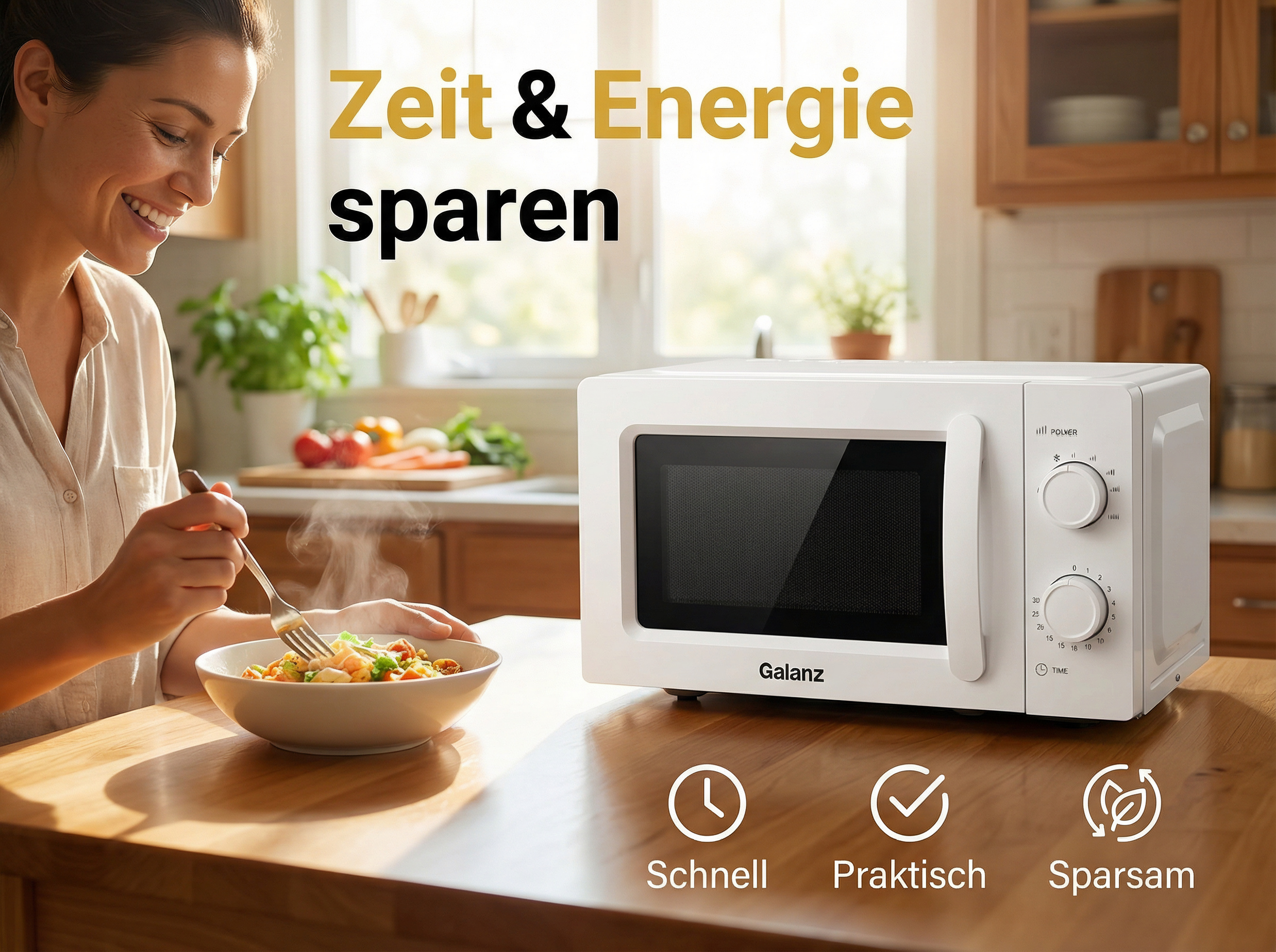 Eine Frau isst Nudeln neben einer weißen Galanz Mikrowelle.