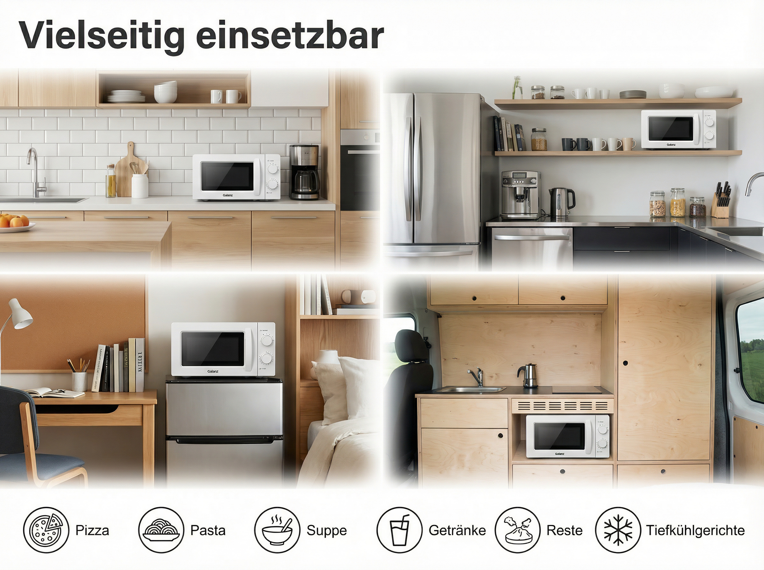 Vielseitige Küchengeräte in verschiedenen Umgebungen: Küche, Wohnmobil, Arbeitsplatz.