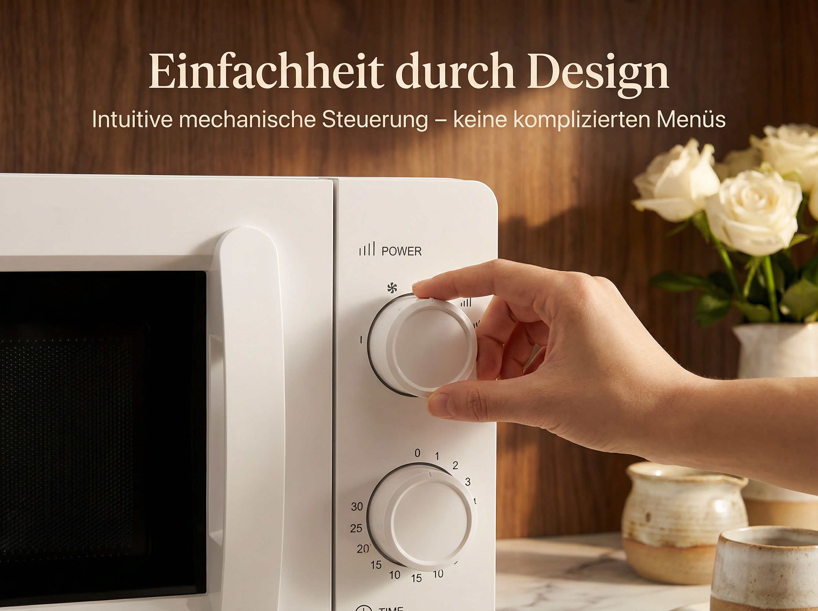 Eine Hand dreht einen Knopf an einem weißen Mikrowellenherd. Im Hintergrund Rosen.