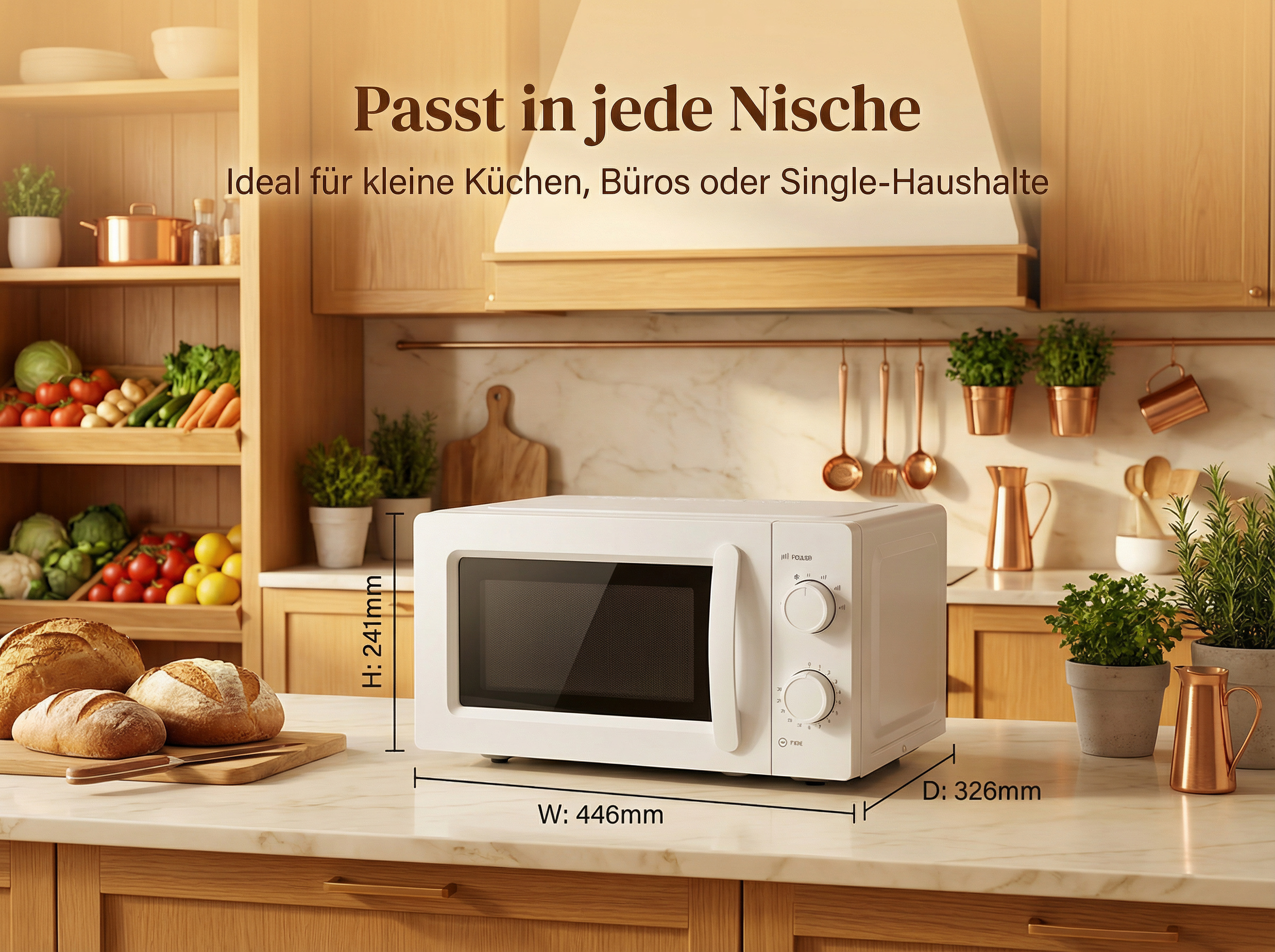 Eine weiße Mikrowelle steht auf einer Küchentheke mit Brot, Gemüse und Pflanzen.