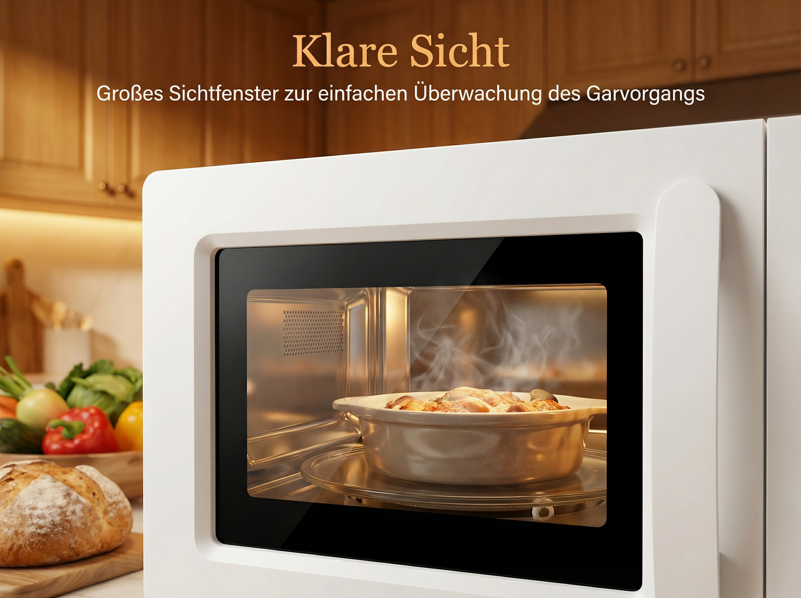 Ein Auflauf mit Fleisch und Dampf in einem weißen Mikrowellenofen.