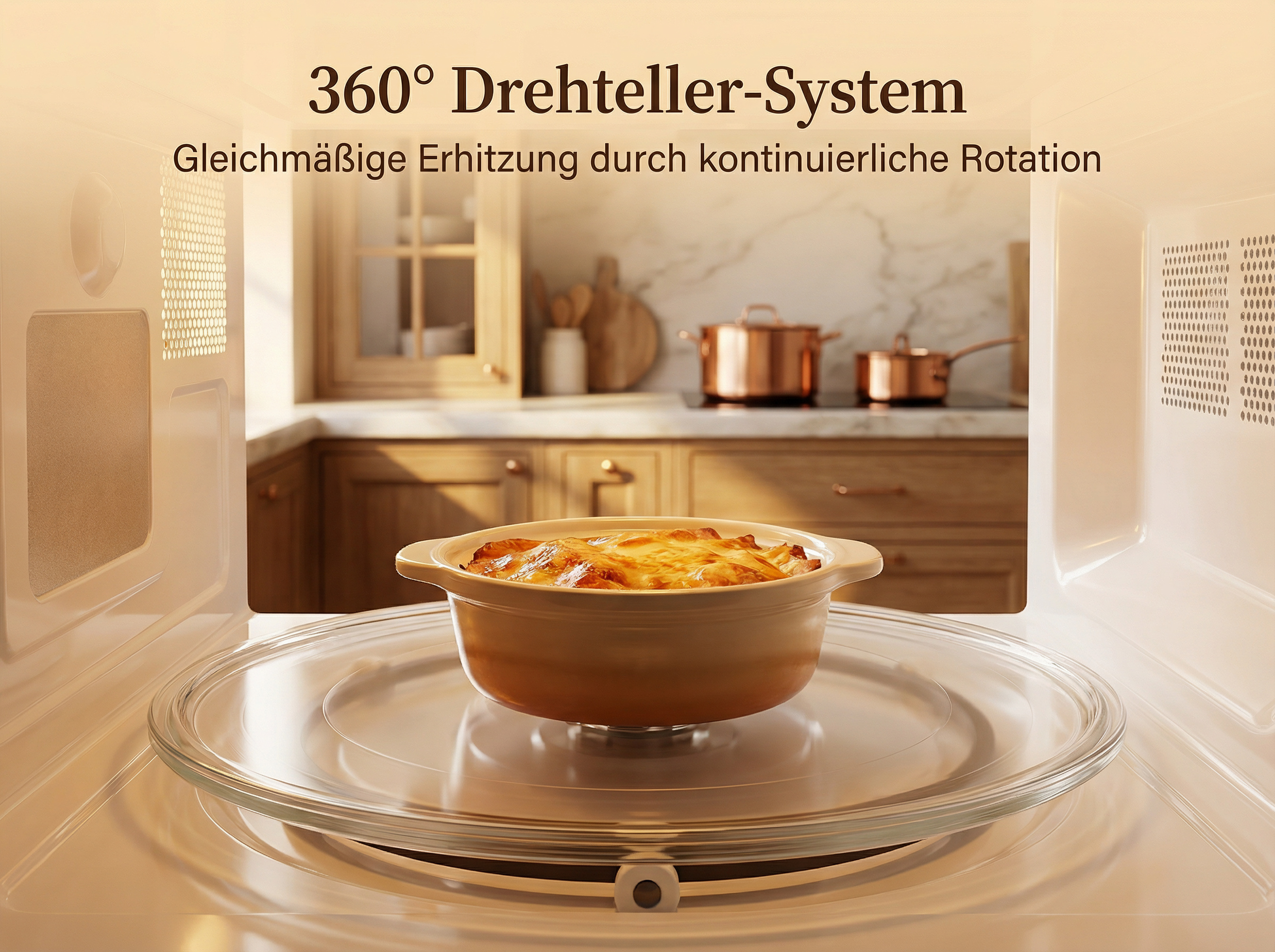 Ein Auflauf in einer braunen Schale dreht sich auf einem Drehteller in einer Mikrowelle.