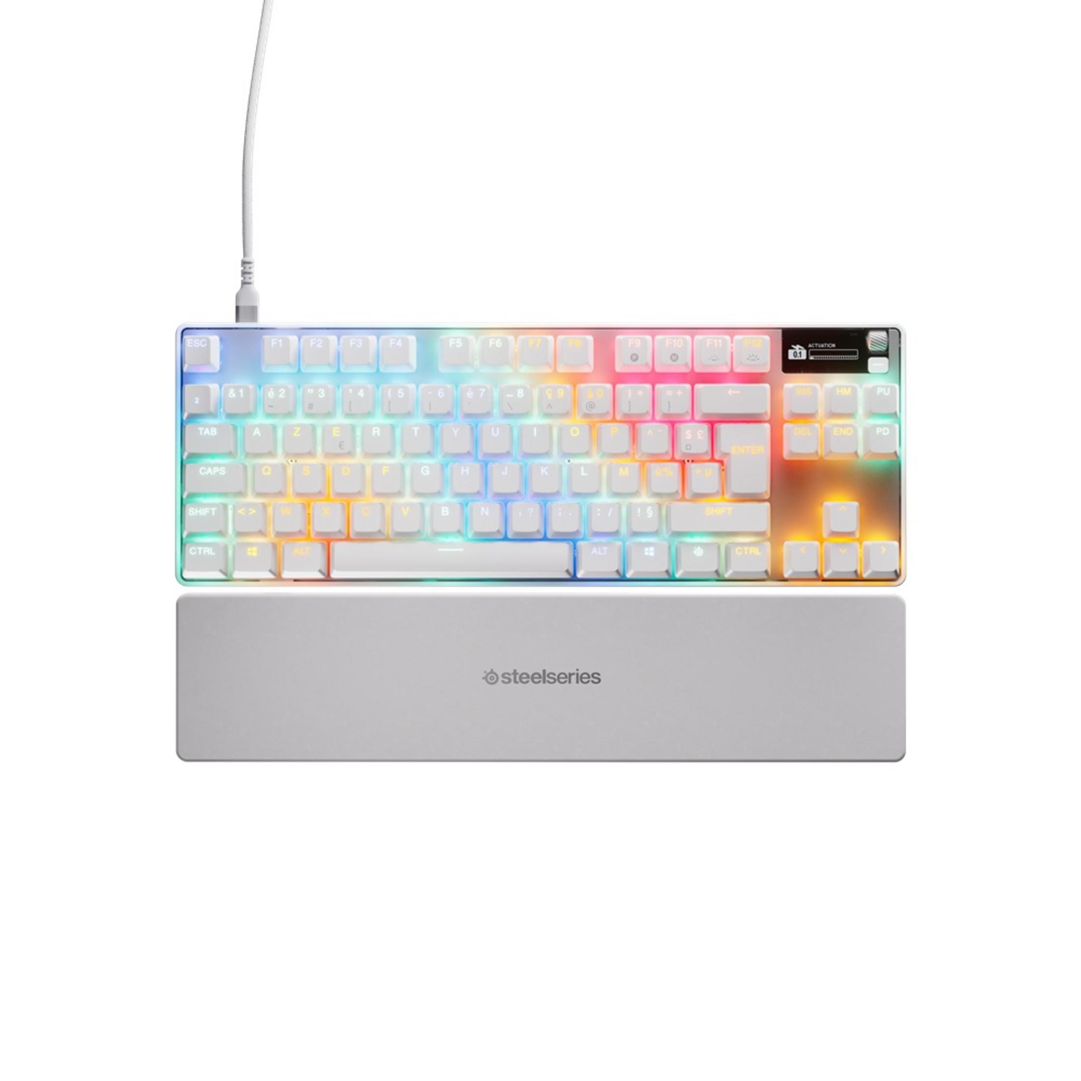 Una tastiera bianca con illuminazione RGB e poggiapolsi grigio.