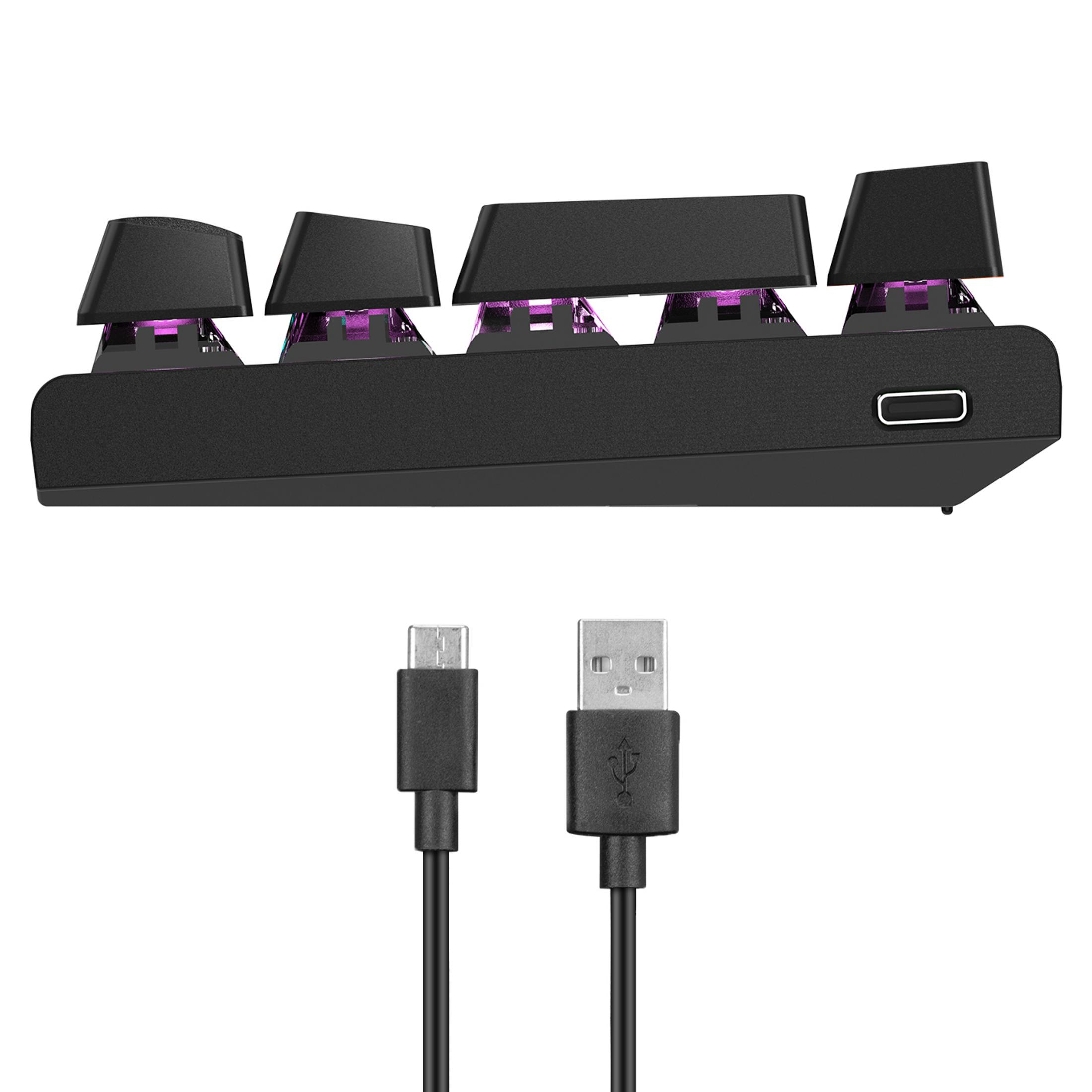 Mor arka aydınlatmalı siyah tuş başlıkları ve USB-C ve USB-A kabloları.