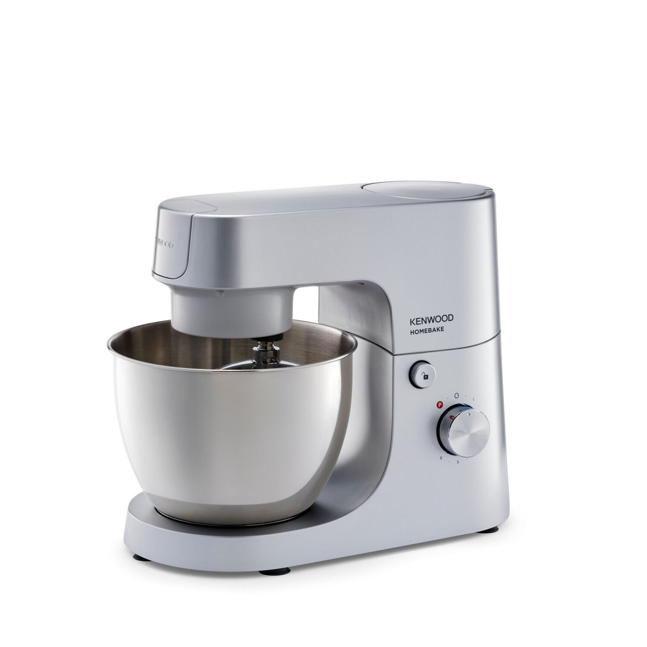 Paslanmaz çelik hazneli gümüş renkli Kenwood stand mikser.