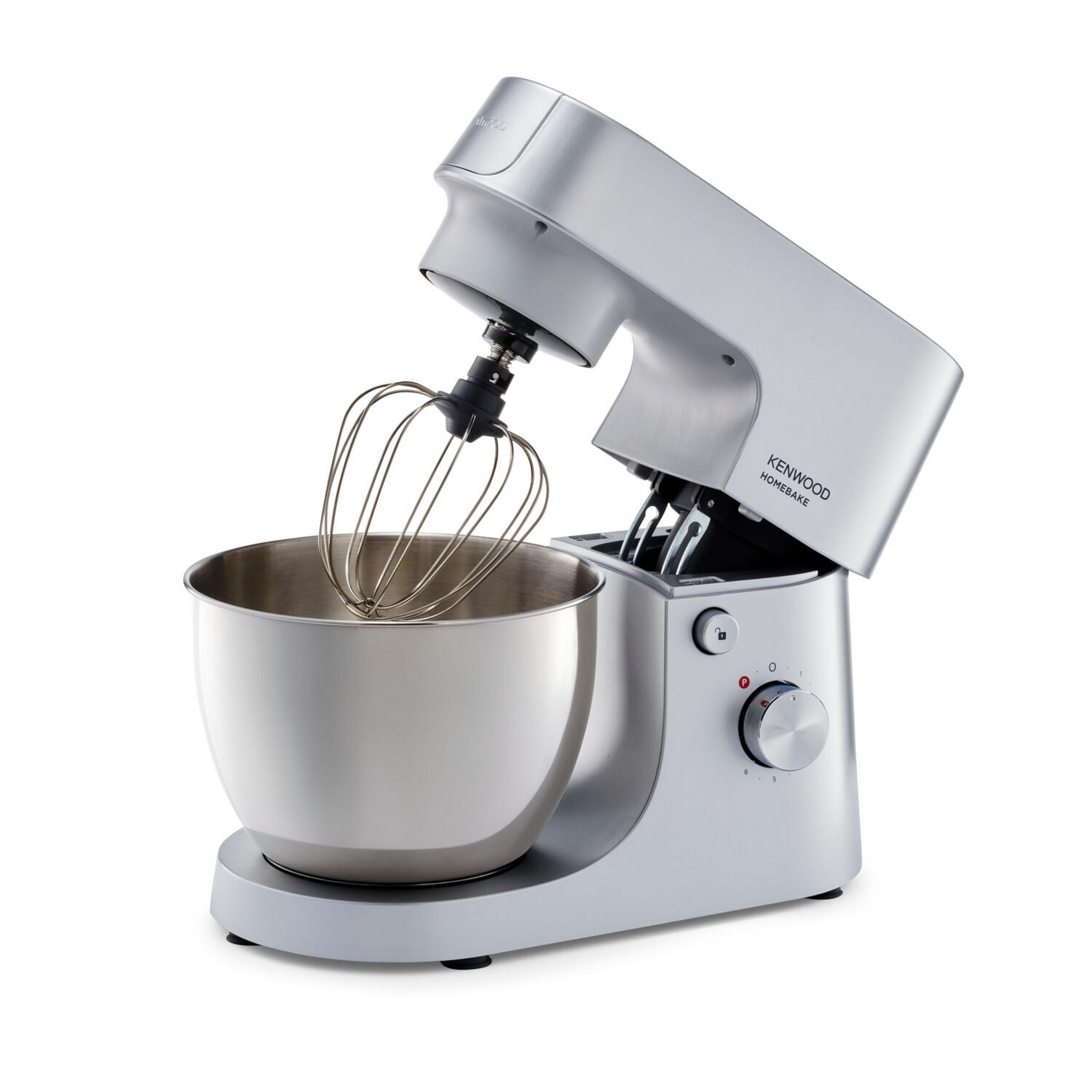 Gümüş renkli Kenwood mutfak mikseri, karıştırma kabı ve çırpıcı.