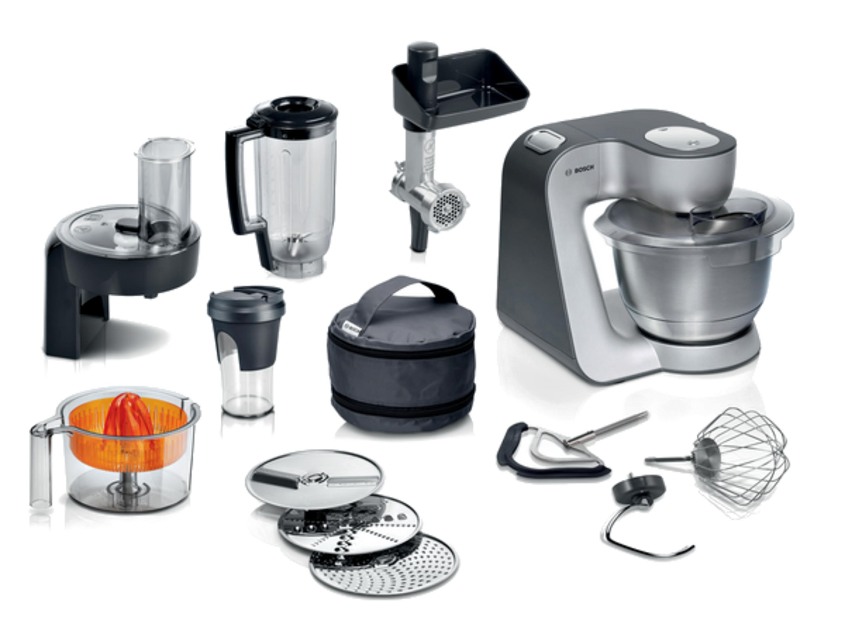 Elettrodomestici: mixer, tritacarne, spremiagrumi, accessori e borsa.