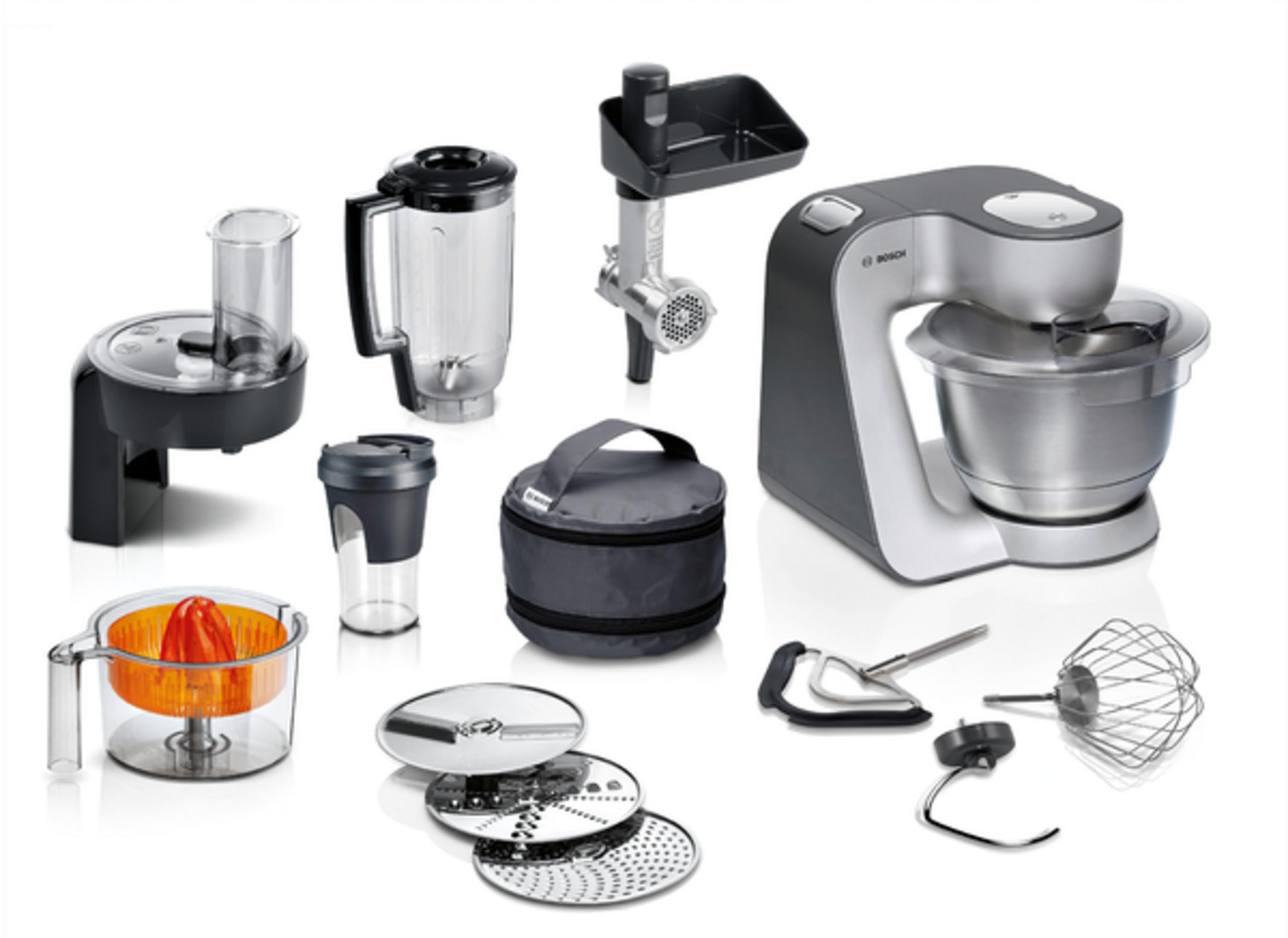 Accessori impastatrice: frullatore, tritacarne, spremiagrumi, ciotole, fruste.