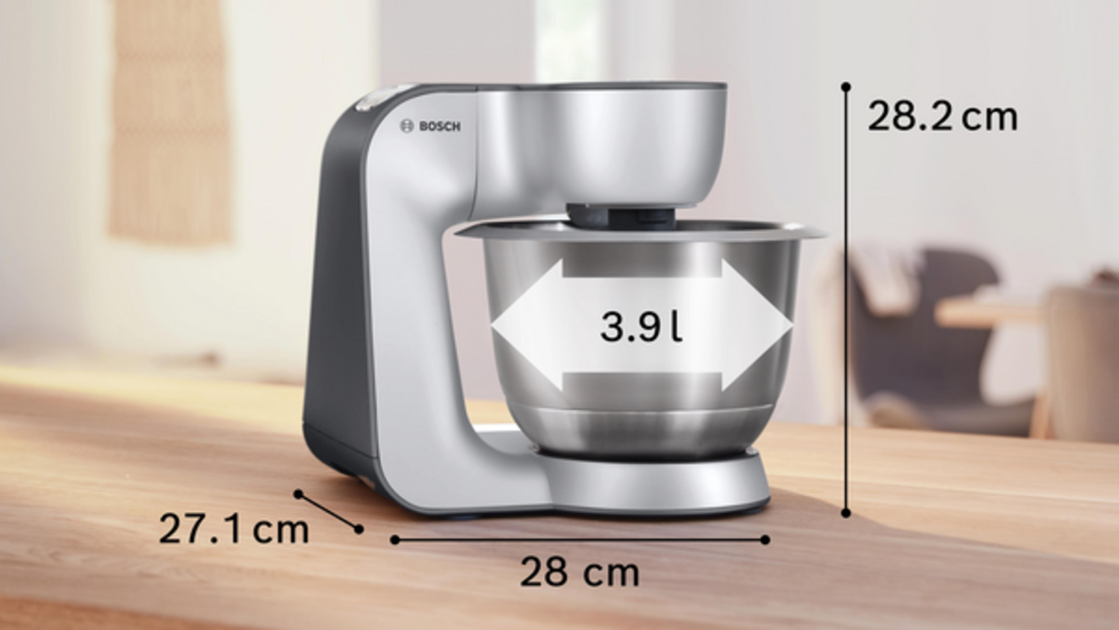 Un impastatore Bosch argento con ciotola da 3,9 L, altezza 28,2 cm.