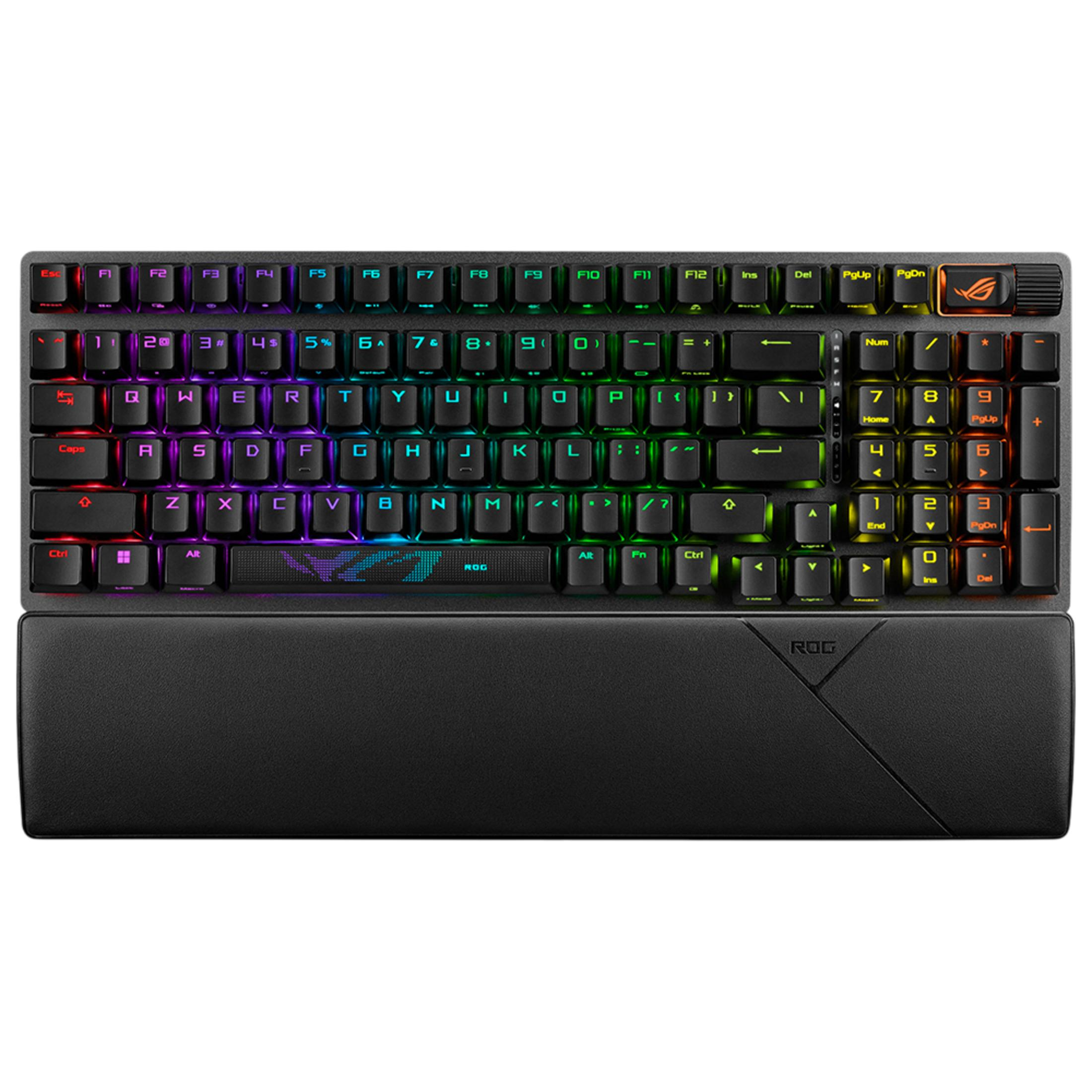 RGB aydınlatmalı ve bilek destekli siyah oyuncu klavyesi. ROG logosu görünür.