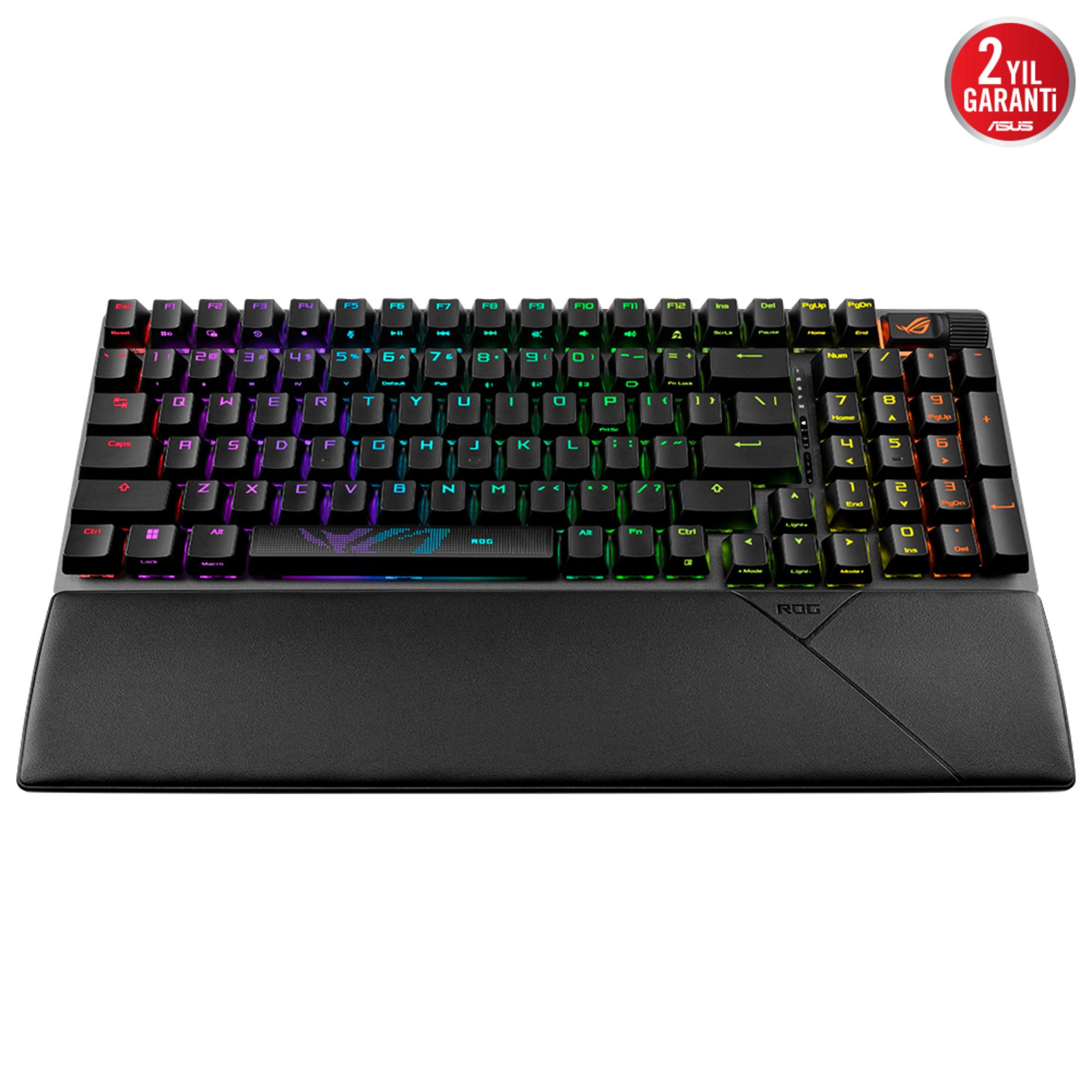 RGB aydınlatmalı ve çıkarılabilir bilek destekli siyah klavye.