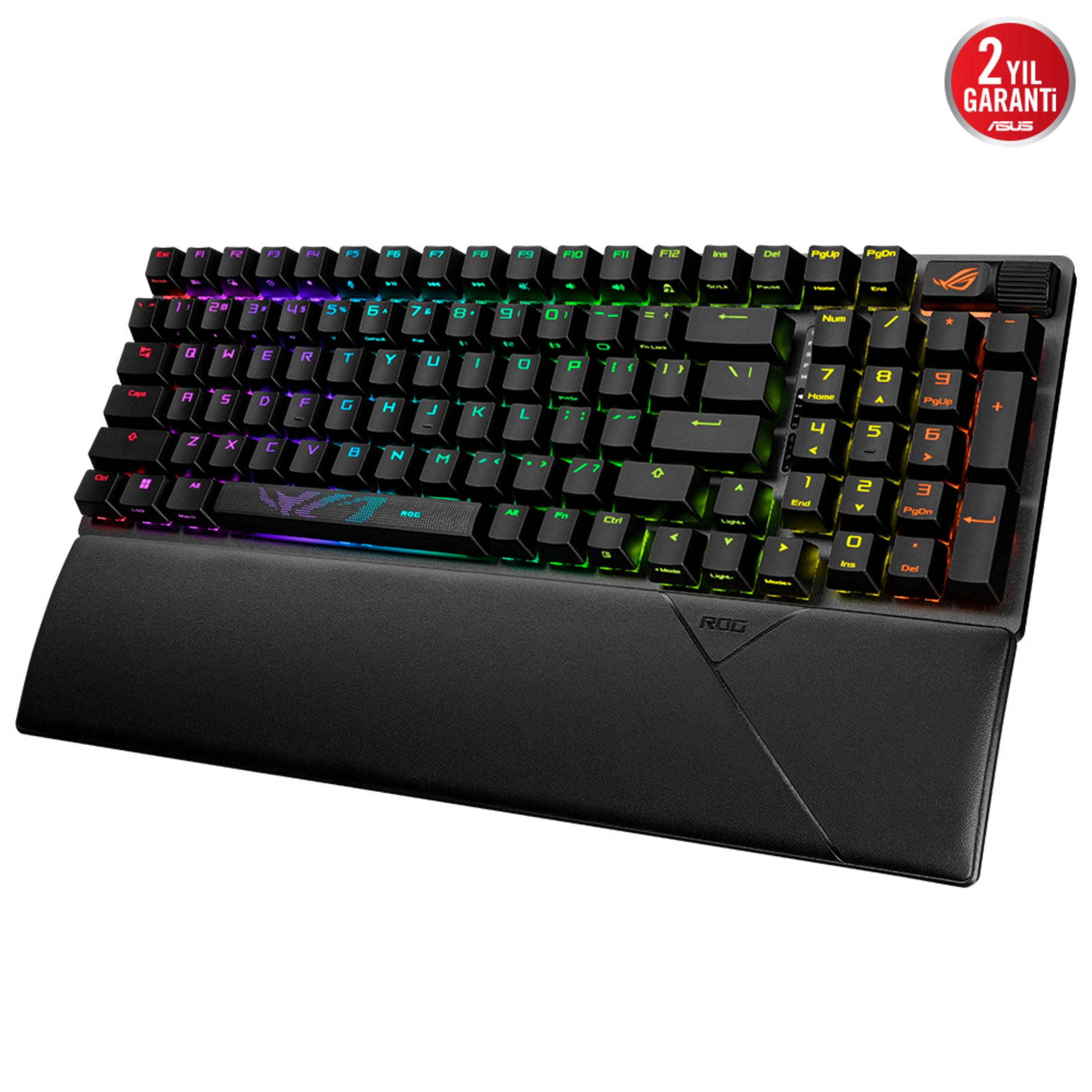 RGB aydınlatmalı ve çıkarılabilir bilek destekli siyah oyuncu klavyesi.