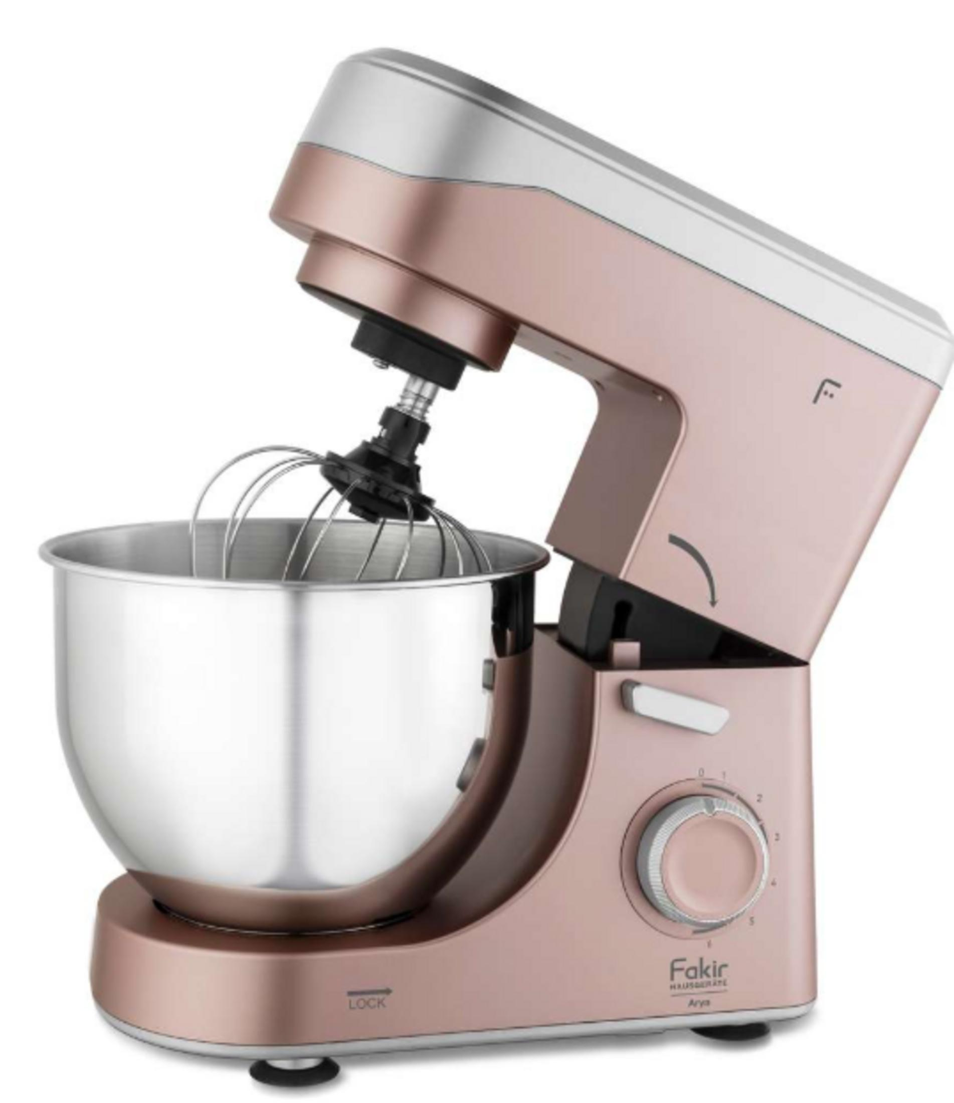 Gümüş hazne ve çırpıcı aparatı olan rose gold stand mikser.