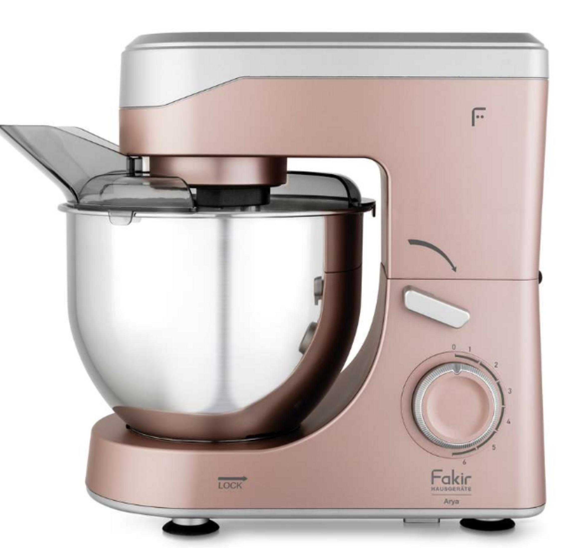 Paslanmaz çelik haznesi ve şeffaf kapağı olan, rose gold stand mikser.