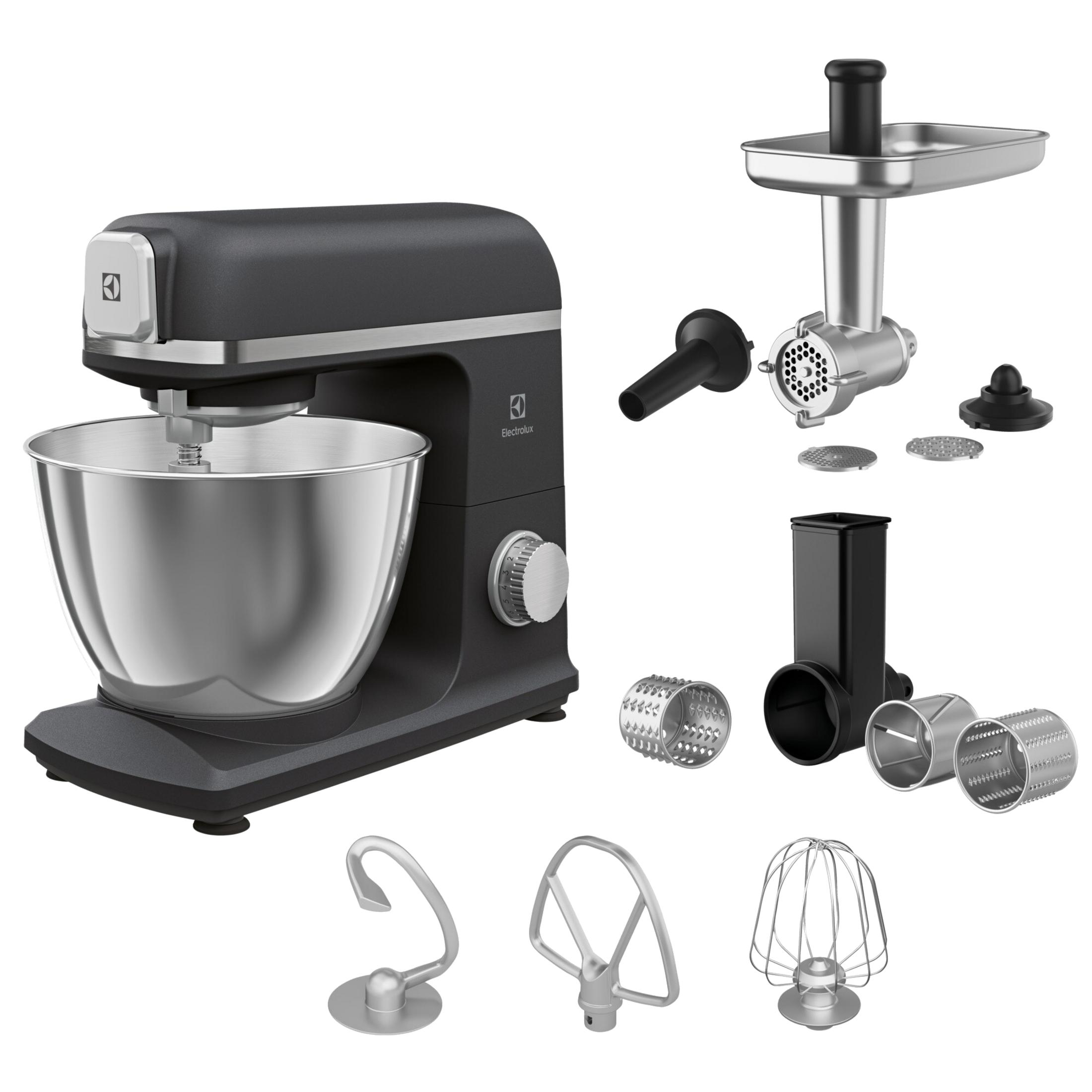 Impastatrice nera con ciotola in metallo e accessori: tritacarne, grattugie, affettatrici.