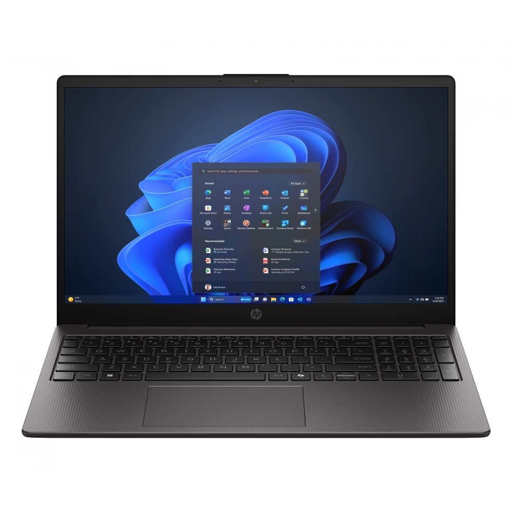 Ekranında Windows 11 başlat menüsünün göründüğü kapalı siyah bir HP dizüstü.