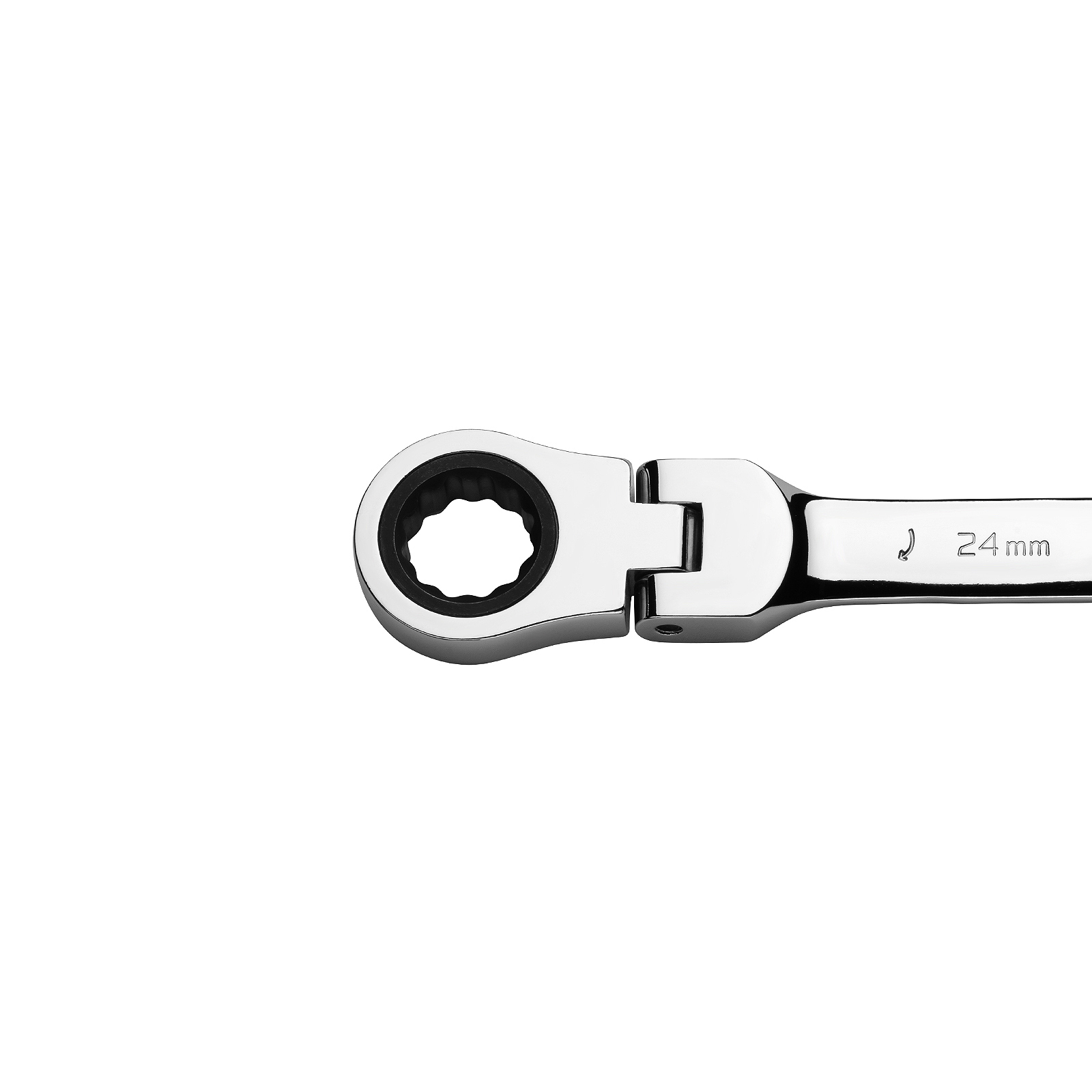 Chiave a cricchetto lucida con marcatura 24mm e testa girevole.