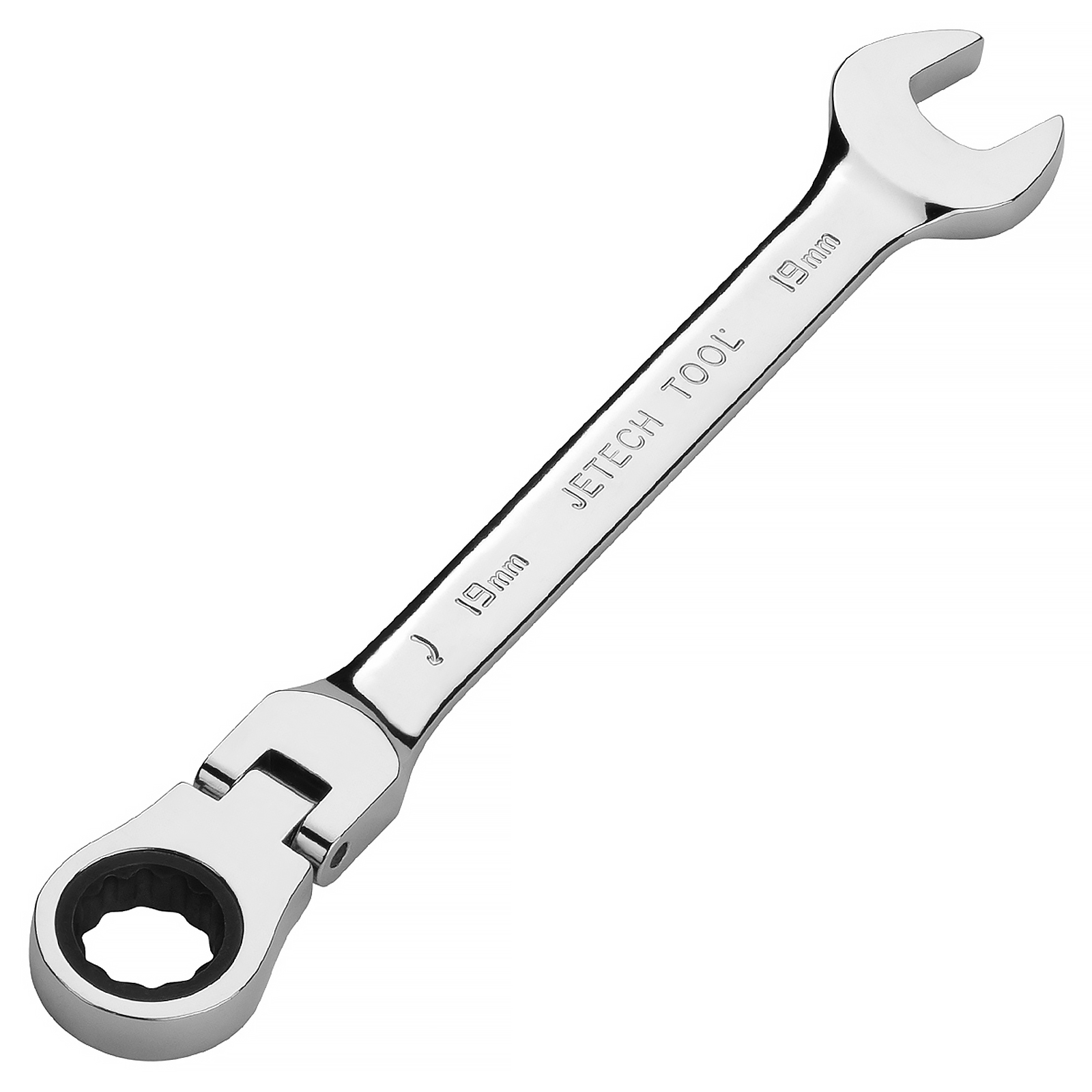 Una chiave a cricchetto argentata da 19 mm su sfondo bianco.