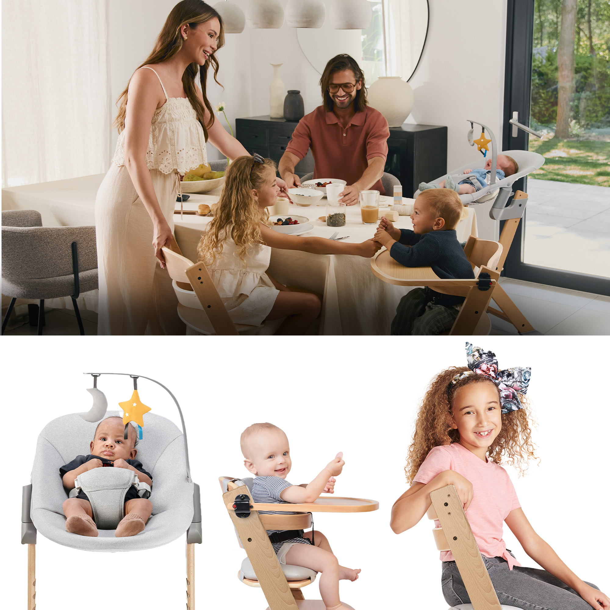 Familie am Esstisch, drei Kinder in Hochstühlen, Baby in Wippe.