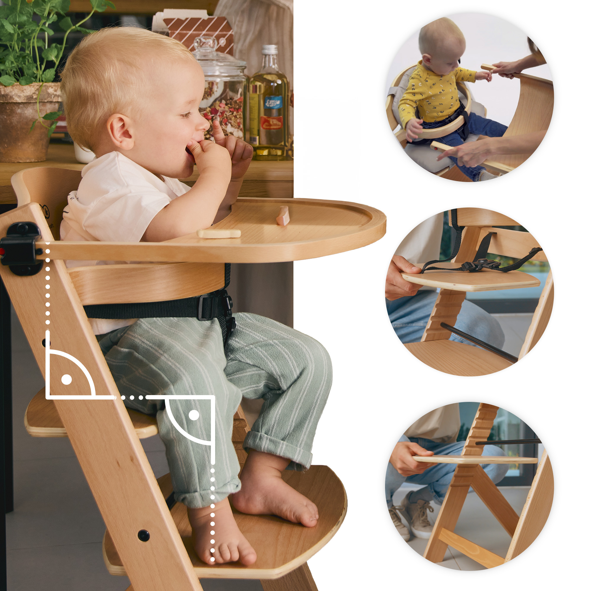 Ein Baby in einem Hochstuhl mit Holzelementen und Gurtzeug. Nahaufnahme der Füße.