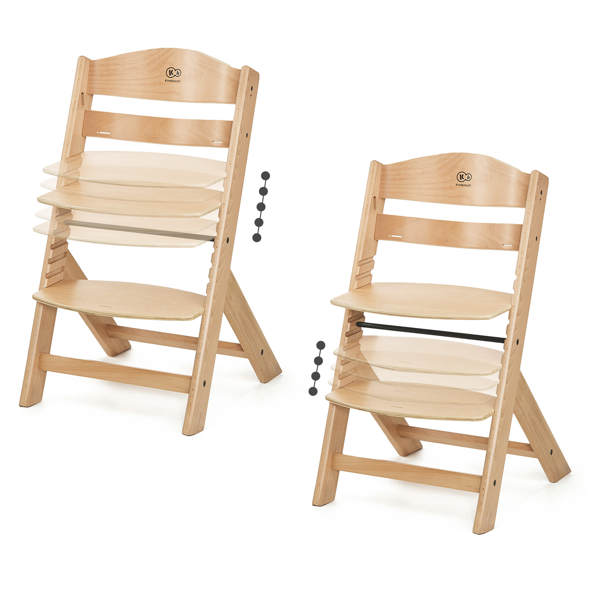 Zwei Holzhochstühle nebeneinander, einer mit verstellbaren Sitzen.