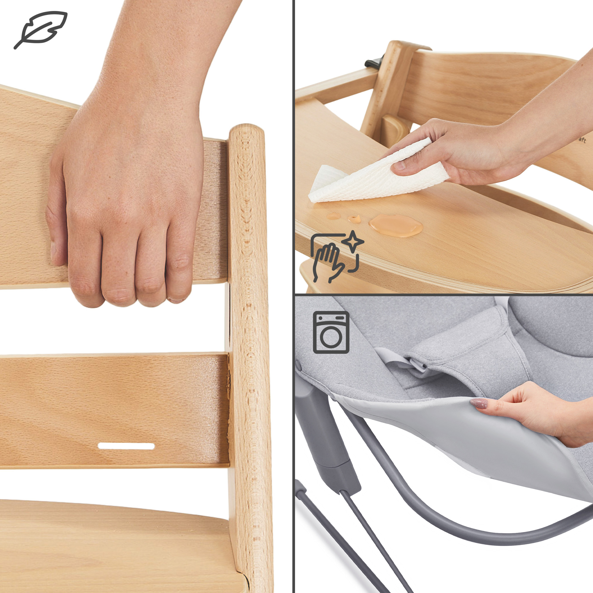 Ein Babyhochstuhl aus Holz mit einem Sitzkissen und Pflegehinweisen.