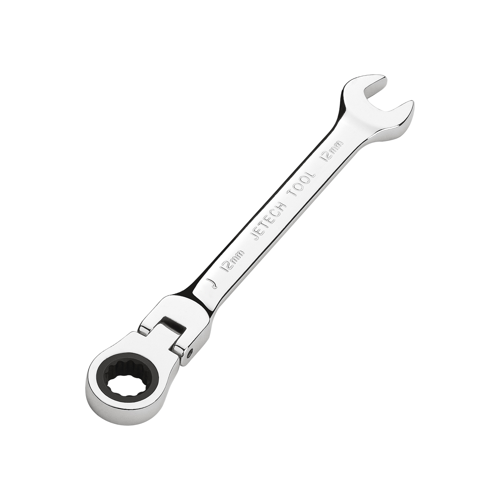 Una chiave a cricchetto argentata da 12 mm con testa flessibile su sfondo bianco.