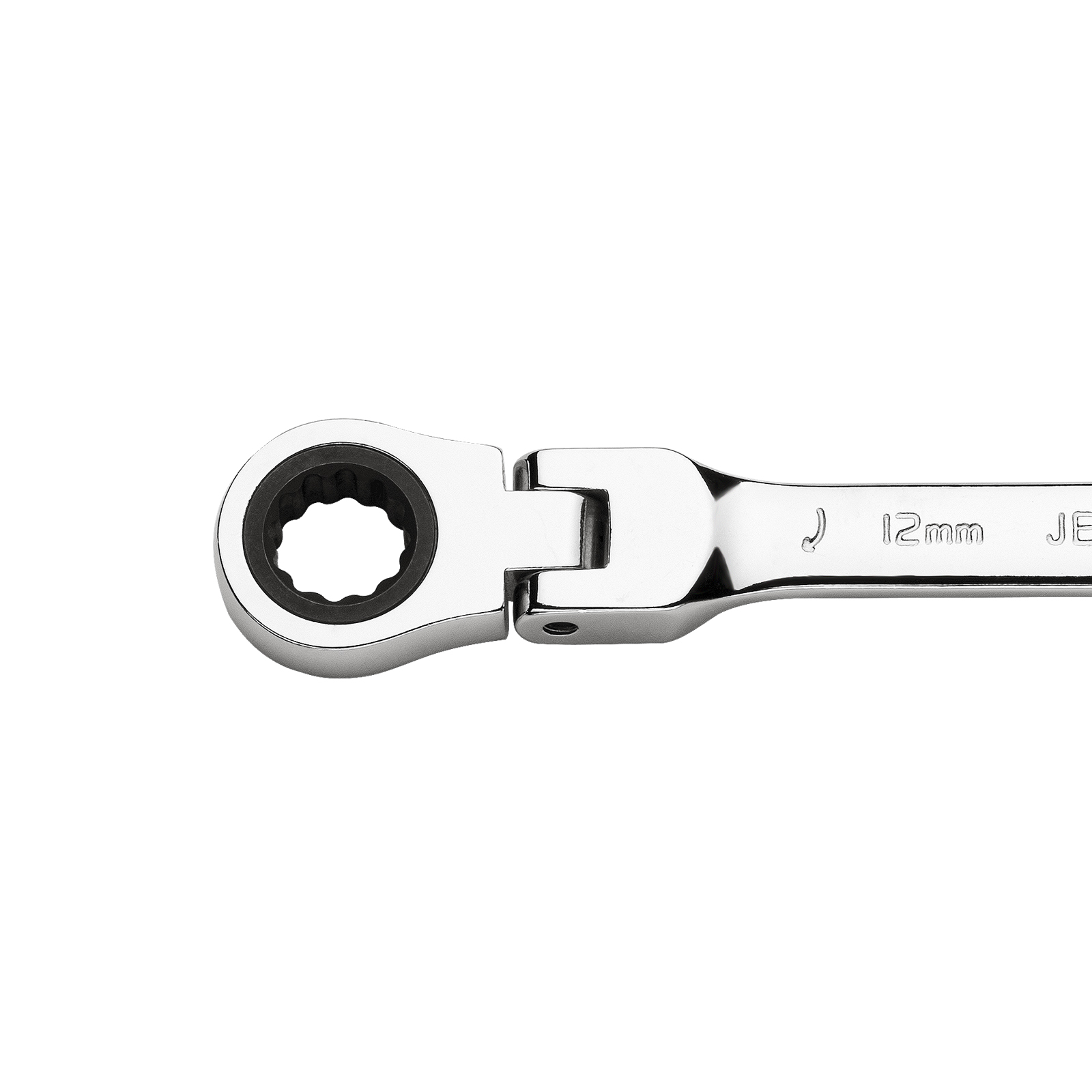 Una chiave a cricchetto argentata con marchio da 12 mm su sfondo bianco.