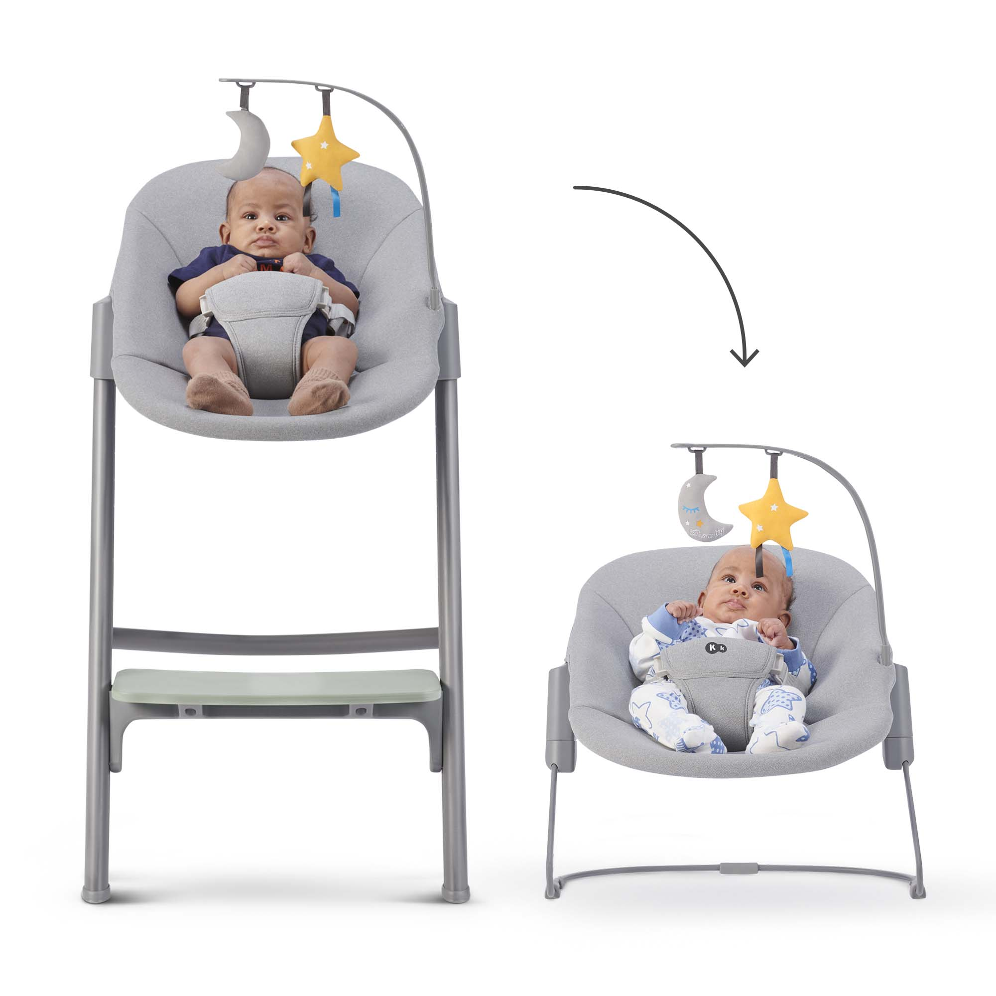 Ein Baby sitzt in einem grauen Hochstuhl und einem Babywippen-Modus.