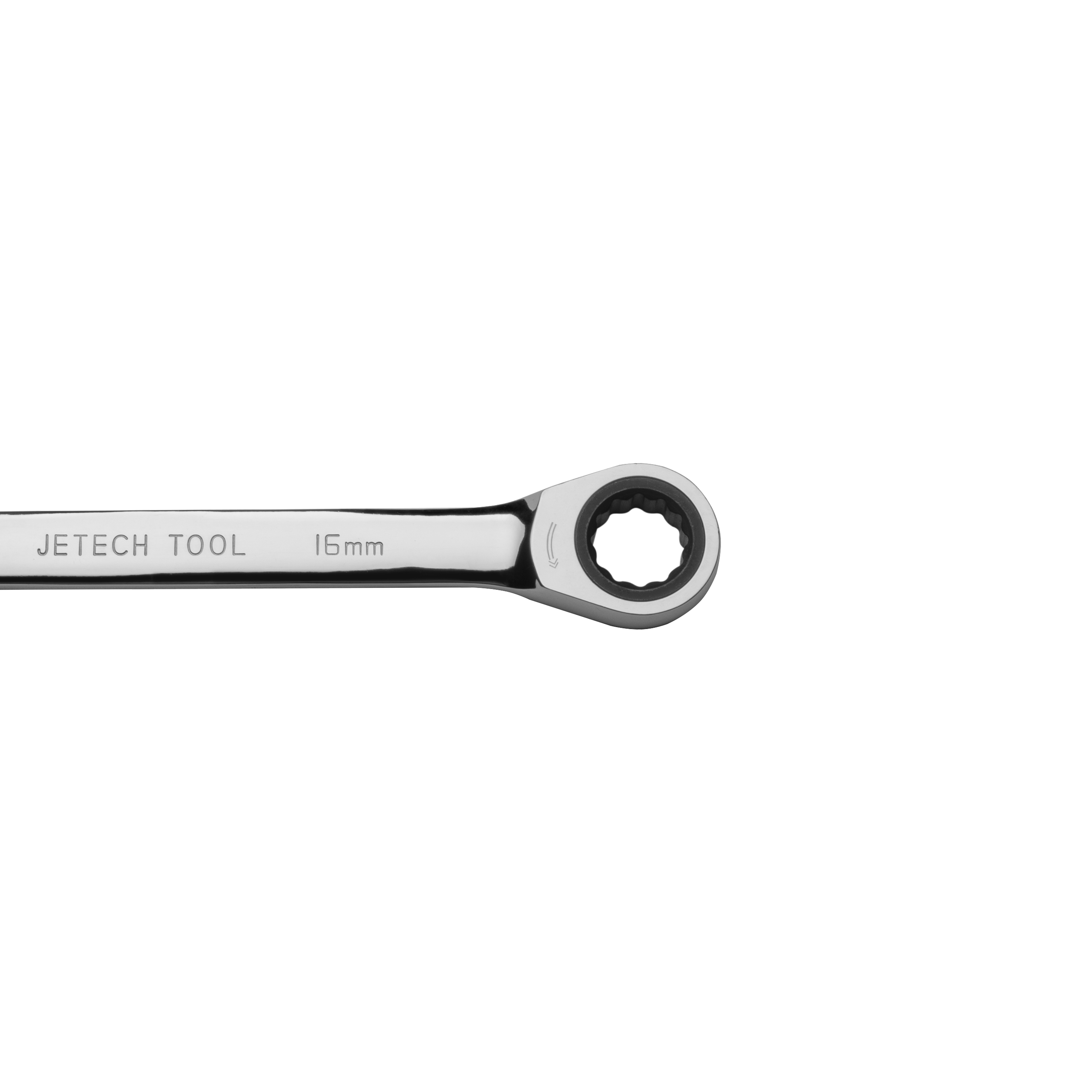 Una chiave a cricchetto argentata con marcatura 16mm su sfondo bianco.