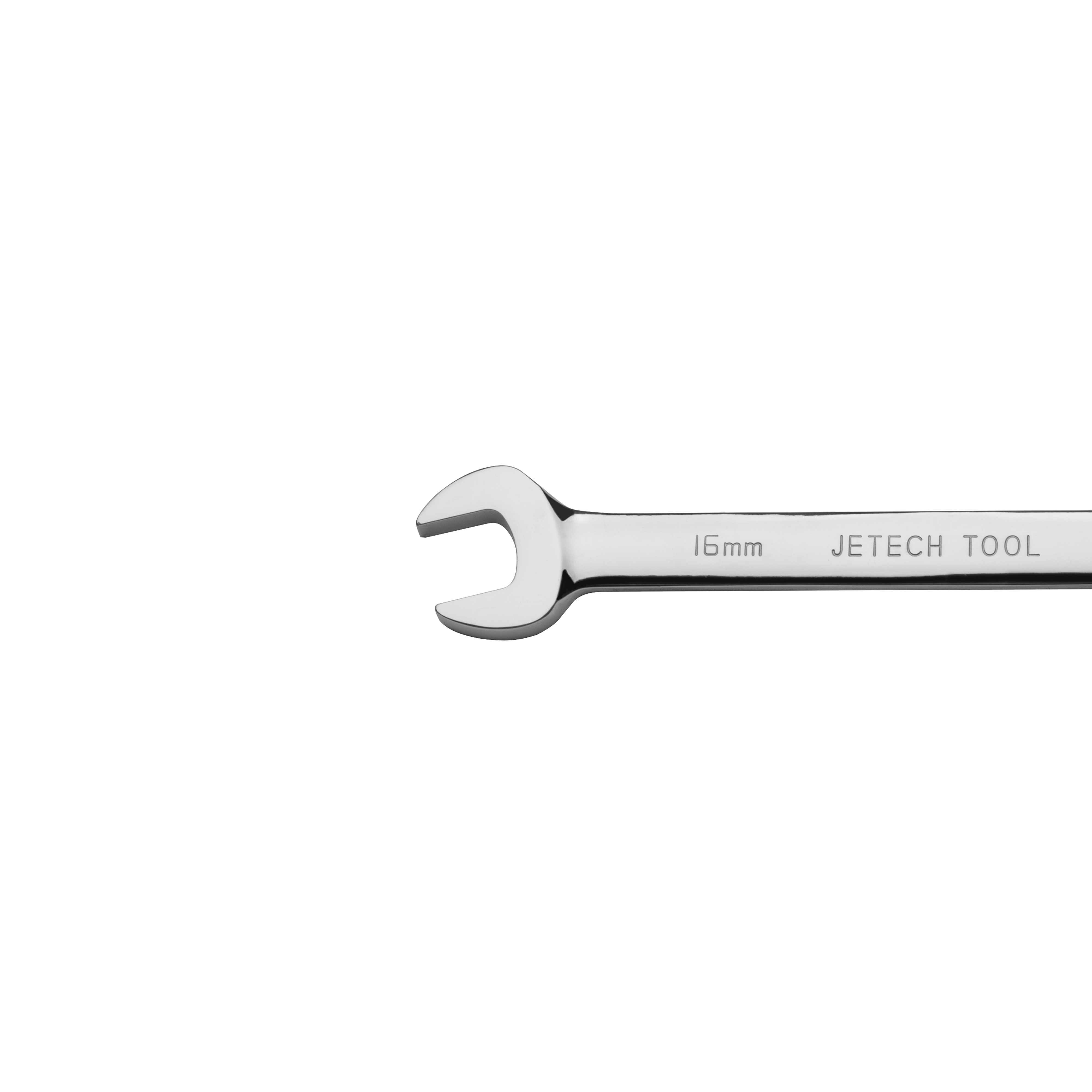Una chiave inglese argentata con etichetta 16 mm su sfondo bianco.
