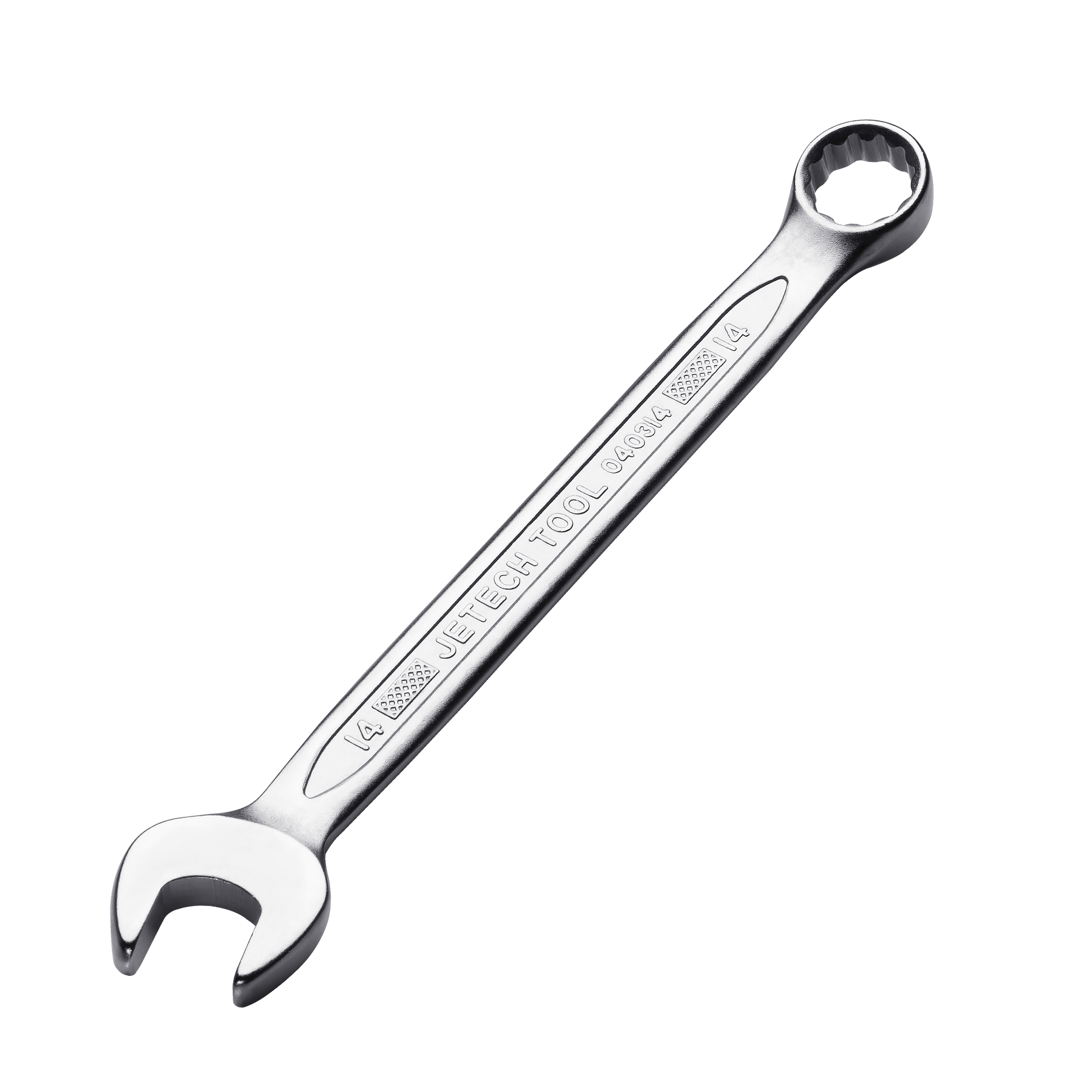 Una chiave combinata argentata con JET. TOOL 040314 impresso.