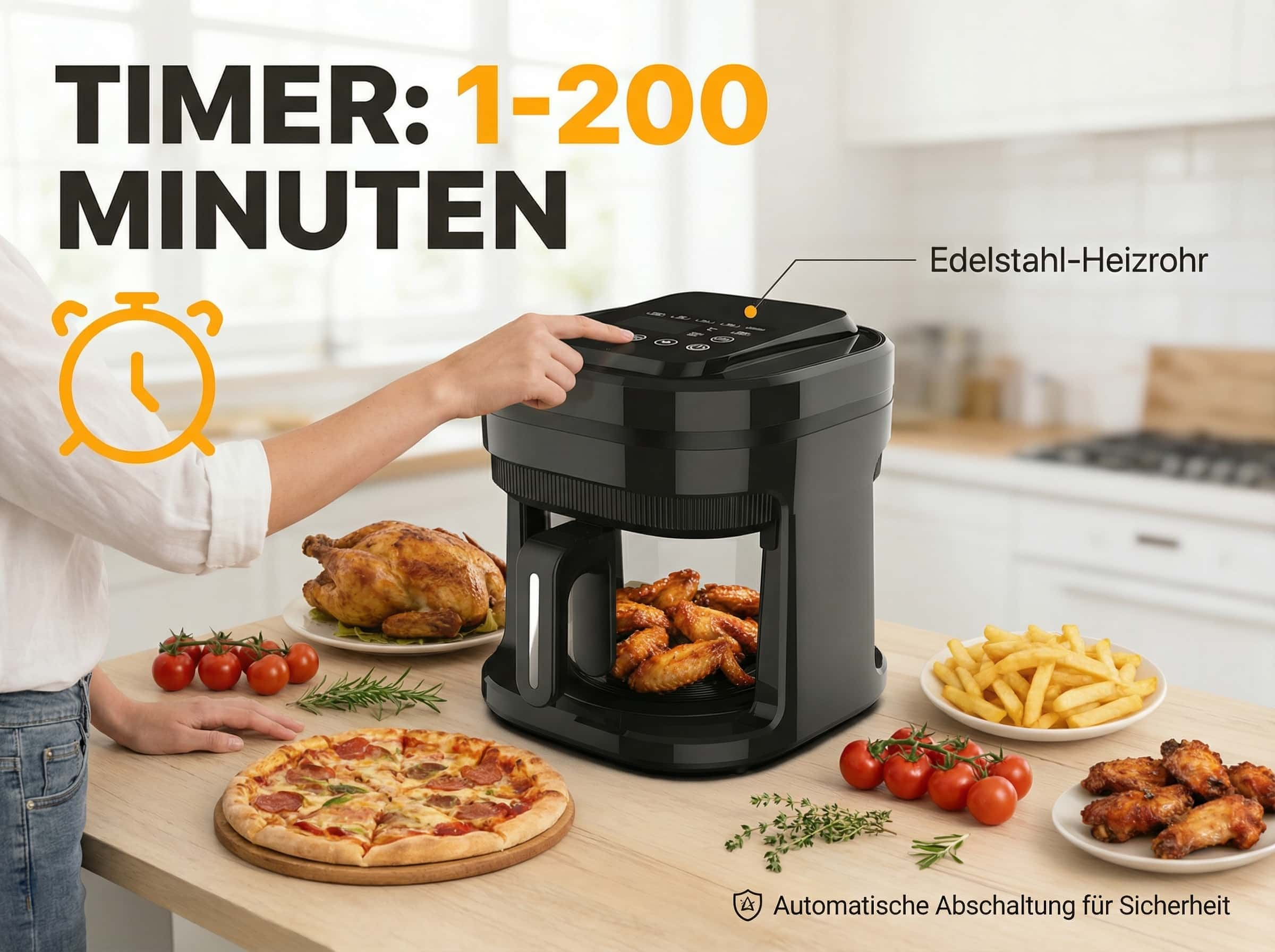 Ein Airfryer mit Hähnchenflügeln, Pizza, Brathähnchen, Pommes und Tomaten.