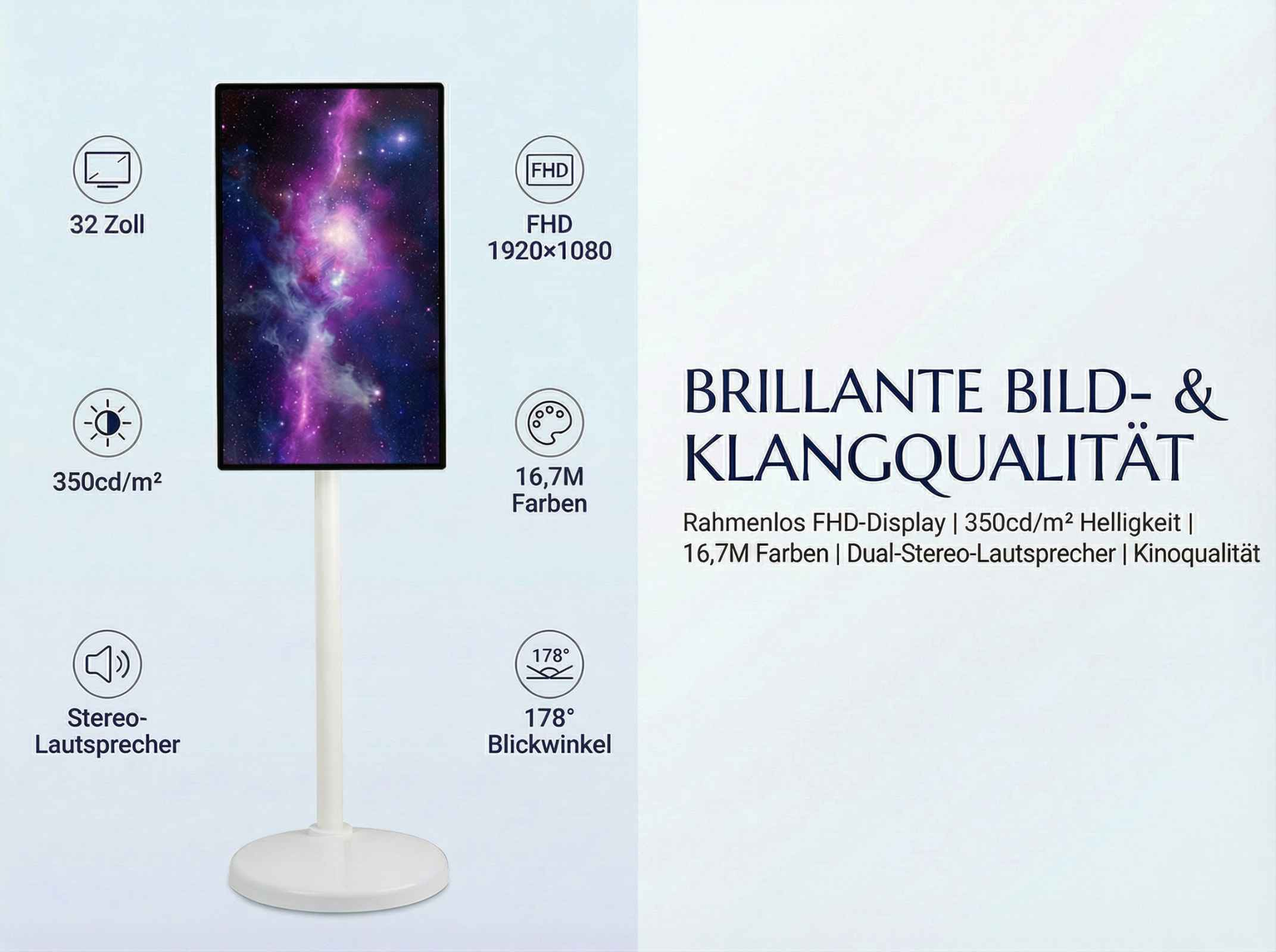Ein 32-Zoll-FHD-Display mit 350 cd/m² Helligkeit und Stereolautsprechern.