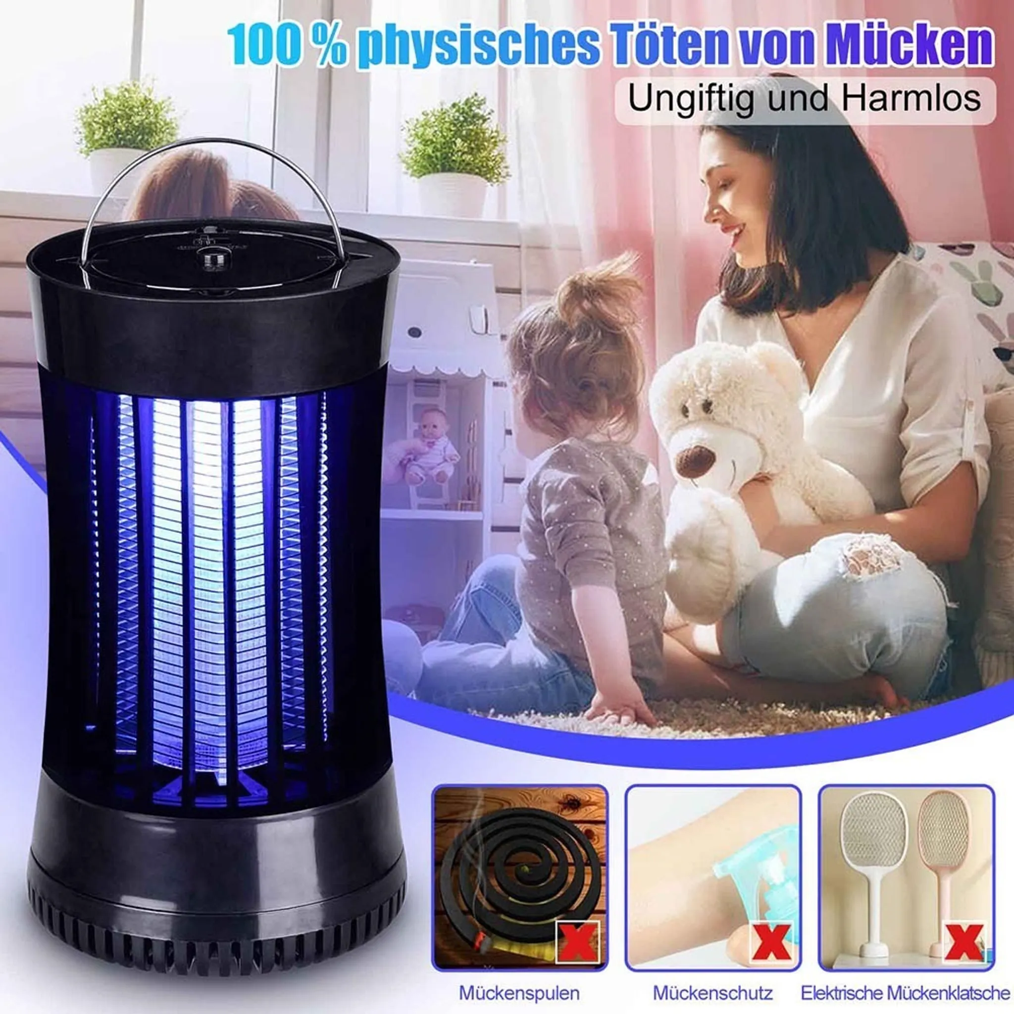 Elektrische Mückenlampe mit blauen Lichtern, daneben eine Frau mit Kindern und Spielzeug.