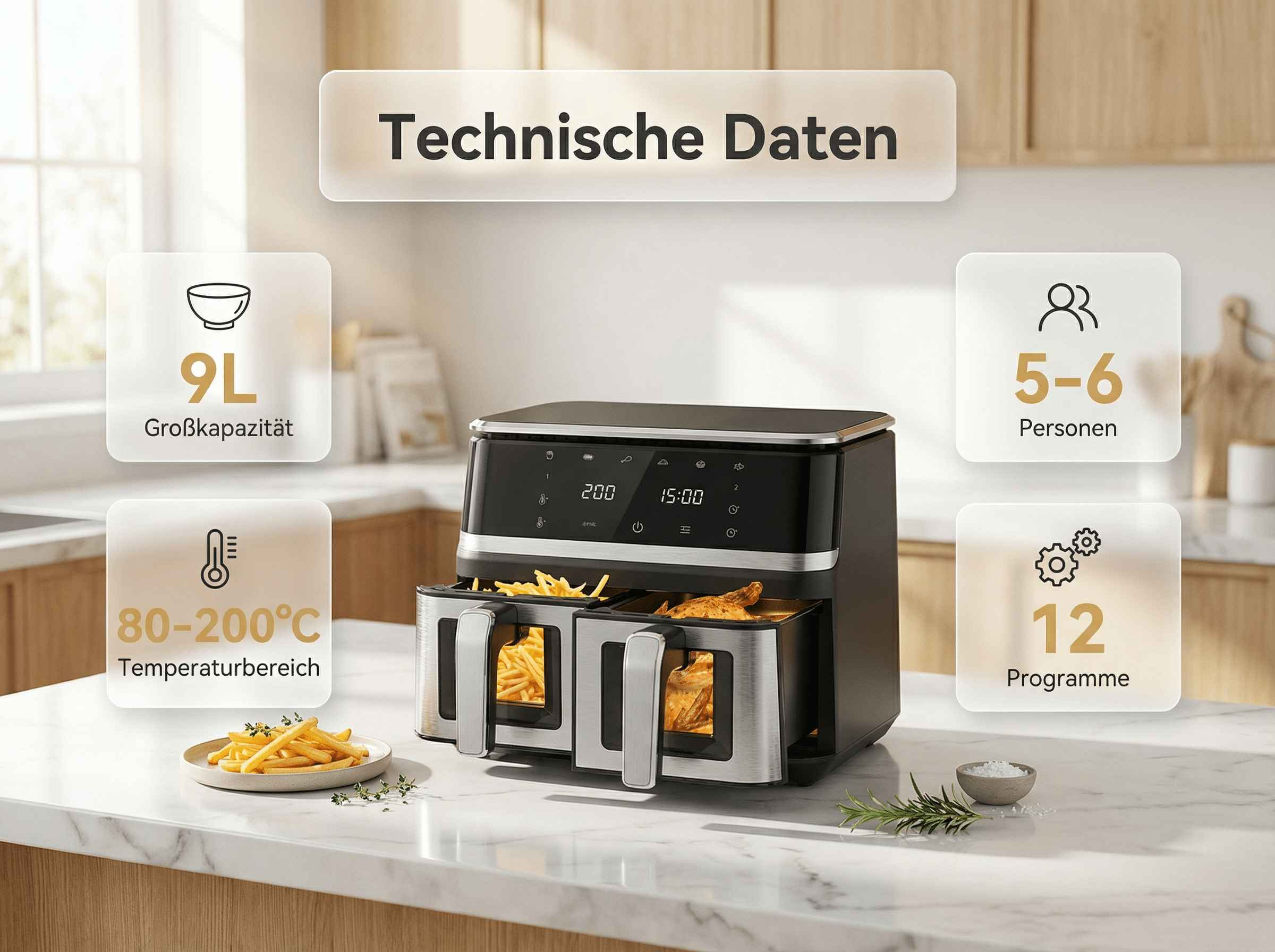 Doppelte Heißluftfritteuse mit 9L Kapazität, 80-200°C, für 5-6 Personen, 12 Programme.