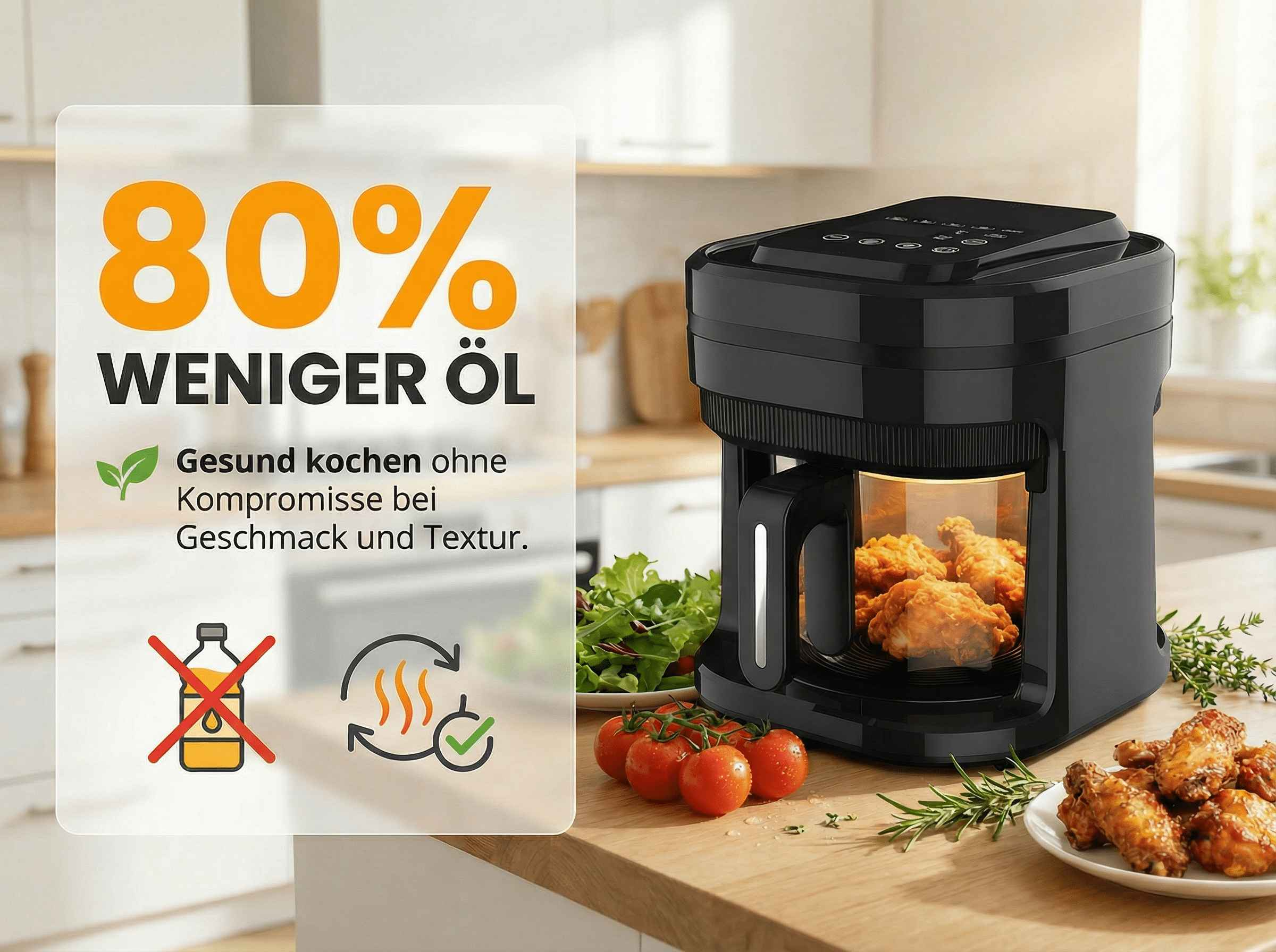 Ein schwarzer Airfryer mit 80% weniger Öl-Werbung, daneben Hähnchenteile.