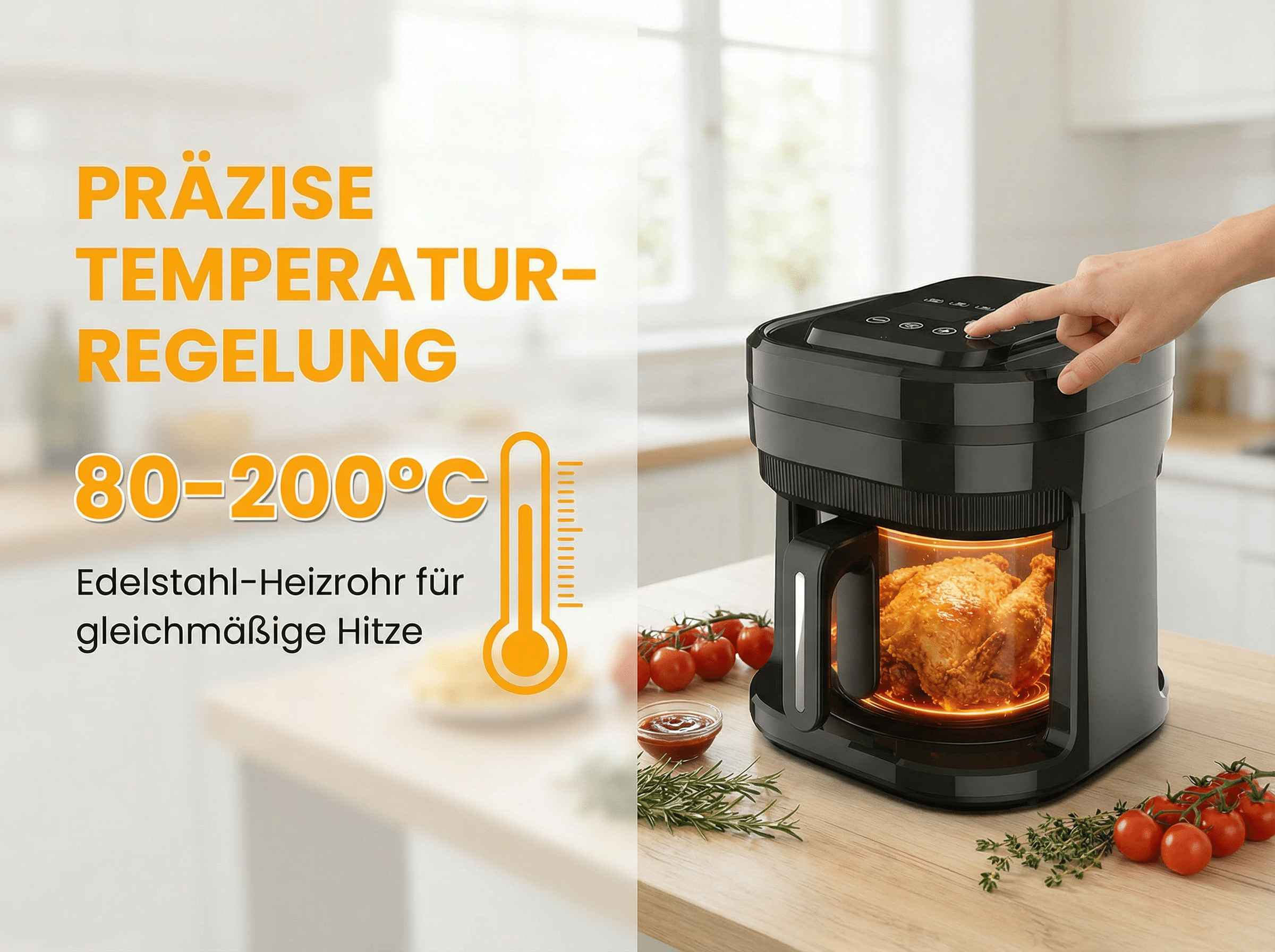 Ein Hähnchen brät in einem schwarzen Airfryer mit Tomaten daneben.
