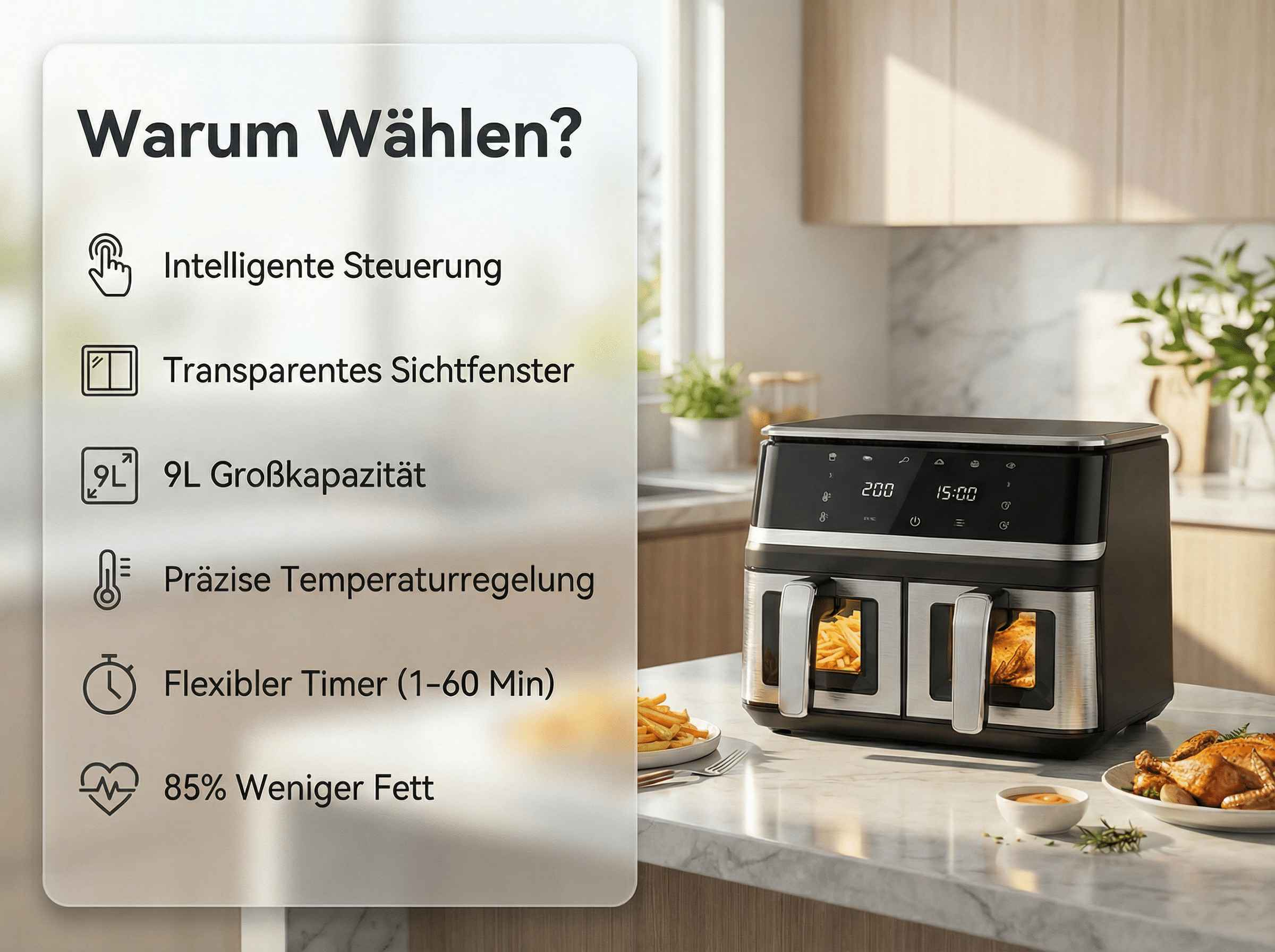 Ein moderner Doppel-Heißluftfritteuse steht auf einer Küchentheke mit Speisen.