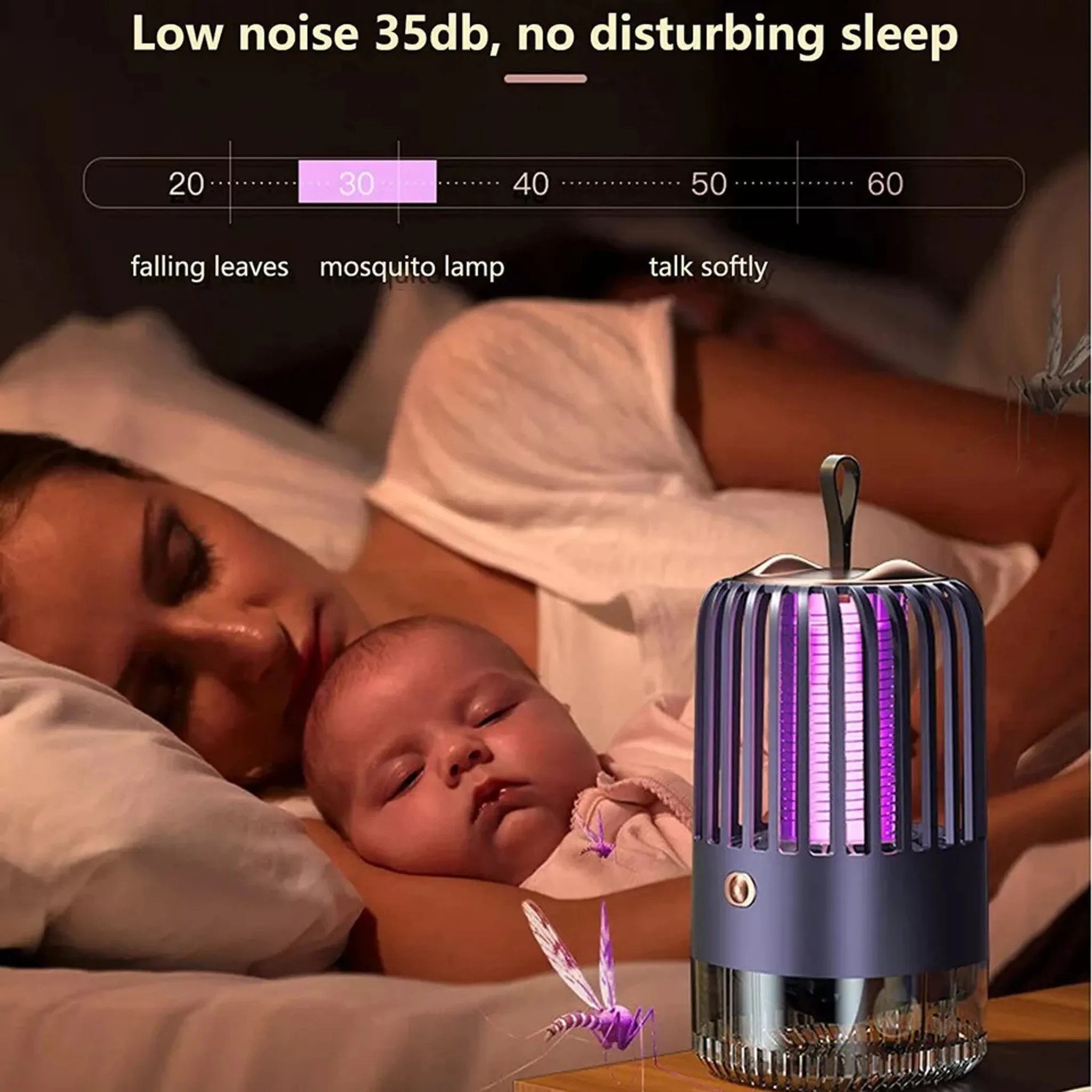 Ein Baby schläft neben einem Moskitolampen-Killer. Der Lärmpegel ist gering.
