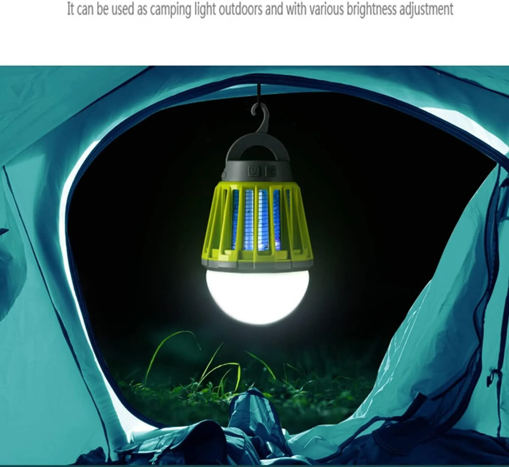 Eine grüne Campinglaterne mit UV-Licht hängt in einem Zelt bei Nacht.
