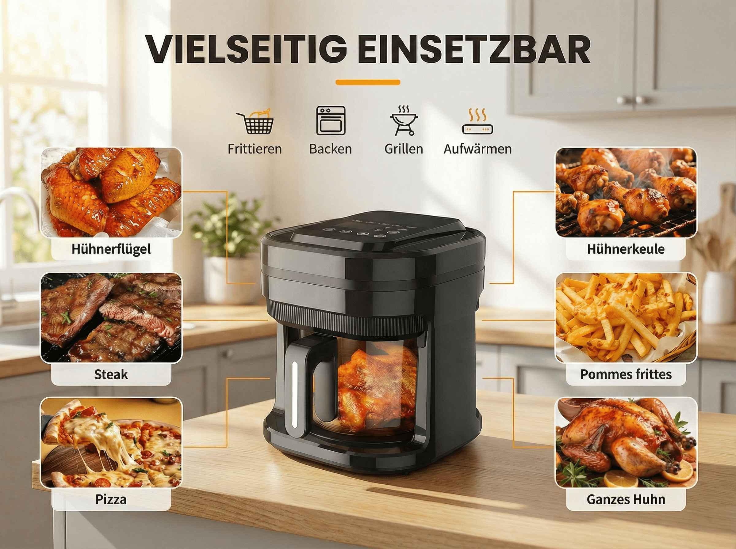 Ein schwarzer Heißluftfritteuse mit Bildern von Hühnerflügeln, Steak, Pommes, Pizza, Hühnerkeulen und ganzem Huhn.