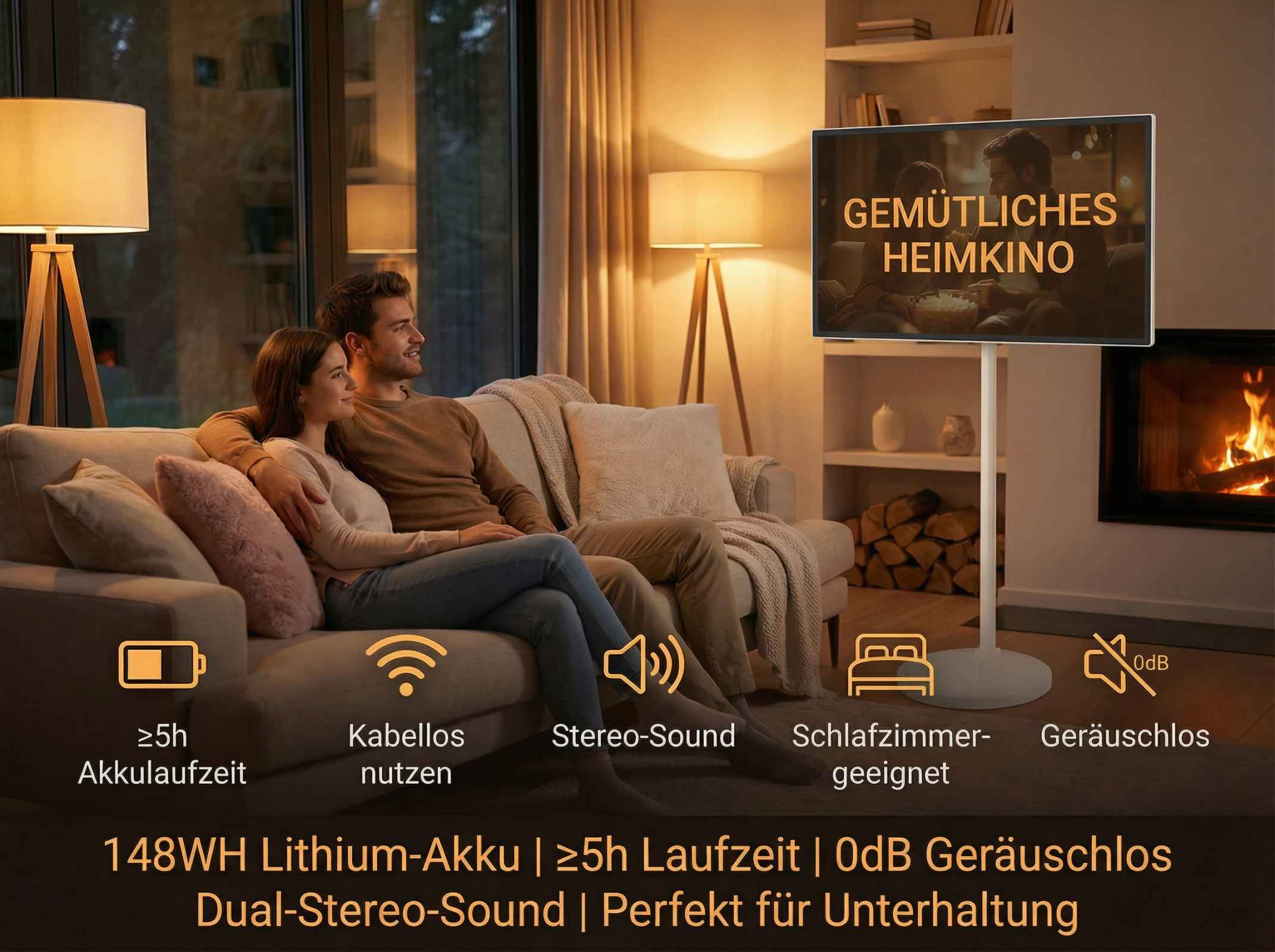 Ein Paar auf einem Sofa schaut fern. Es hat 148Wh Akku.