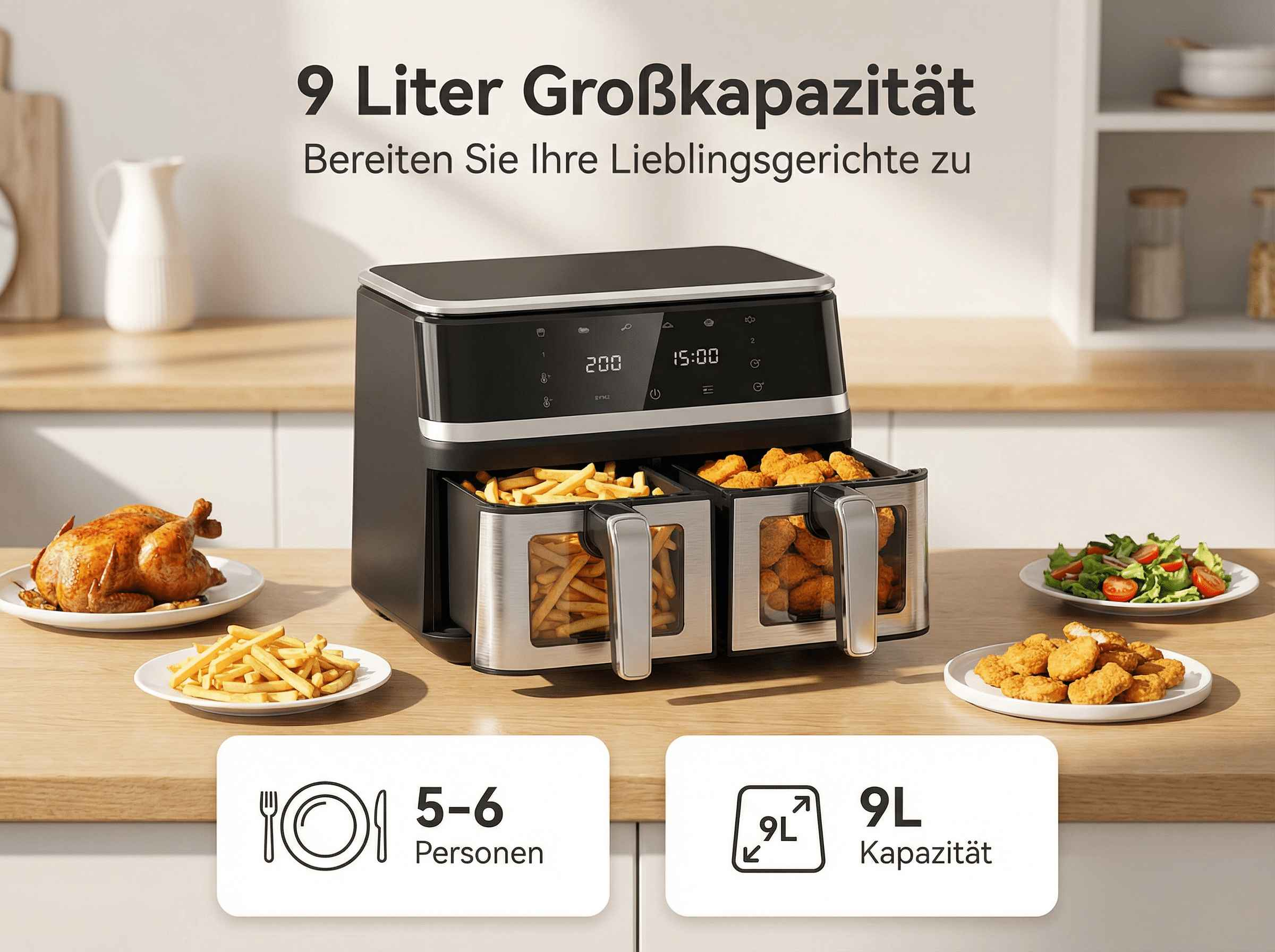Ein Doppel-Heißluftfritteuse mit Hähnchen, Pommes & Nuggets.