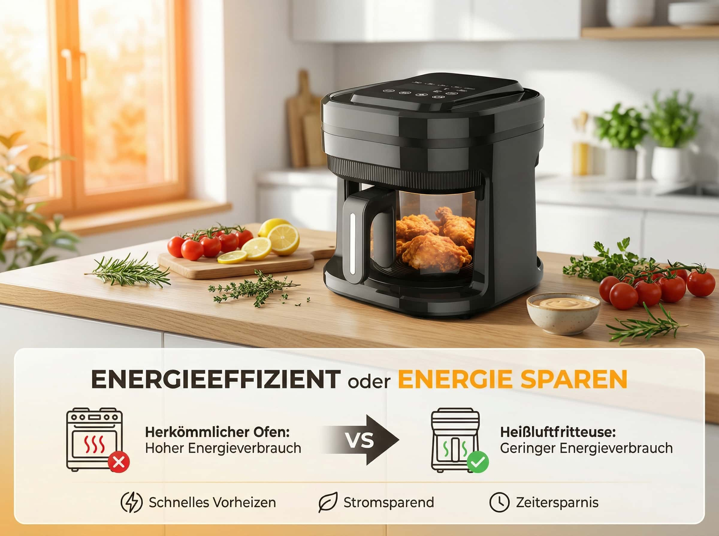 Ein schwarzer Heißluftfritteuse mit gebratenem Hähnchen und Zutaten auf der Arbeitsplatte.