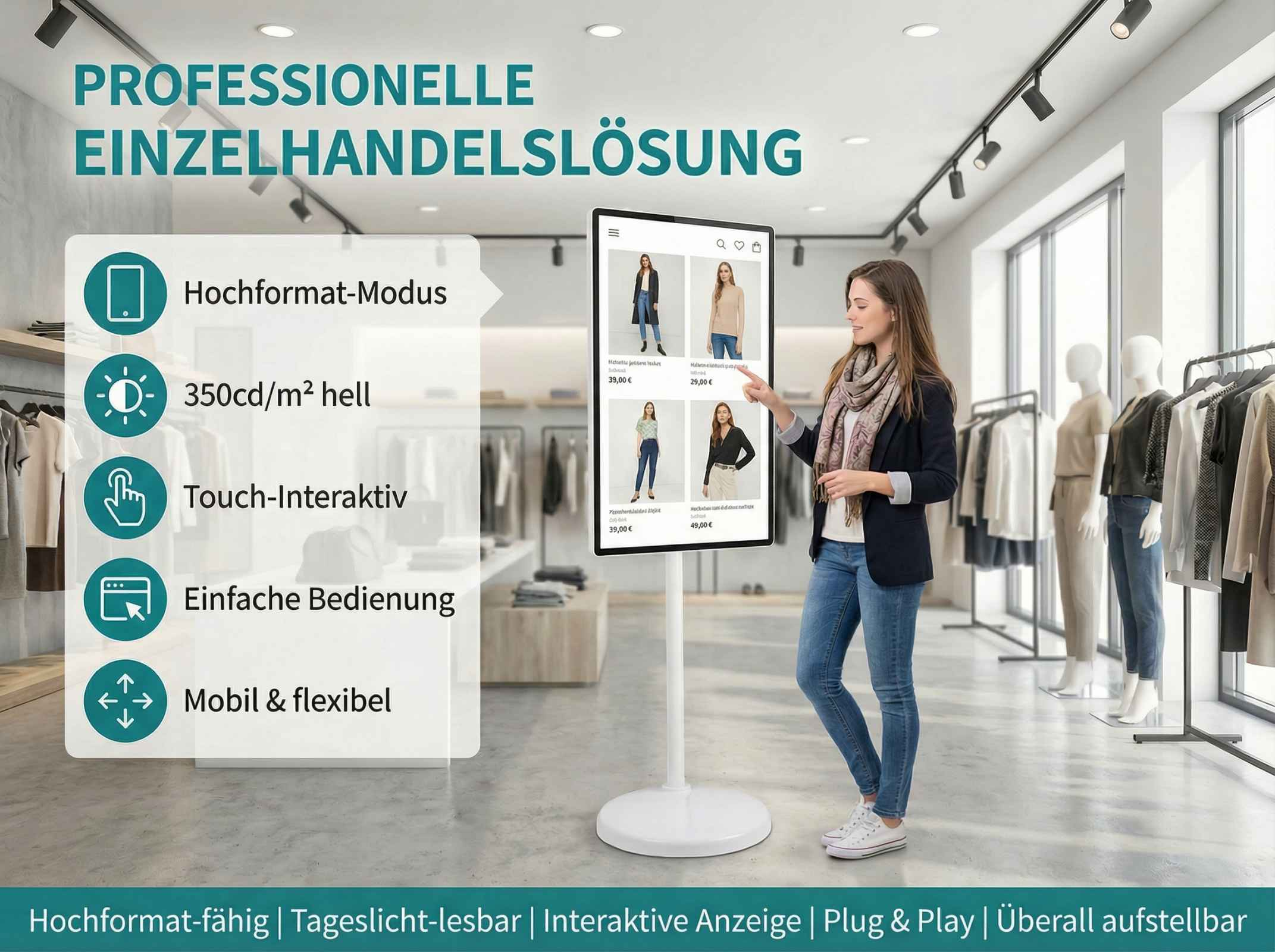 Digitale Anzeige mit Modekleidung, Frau und Produktmerkmalen im Geschäft.